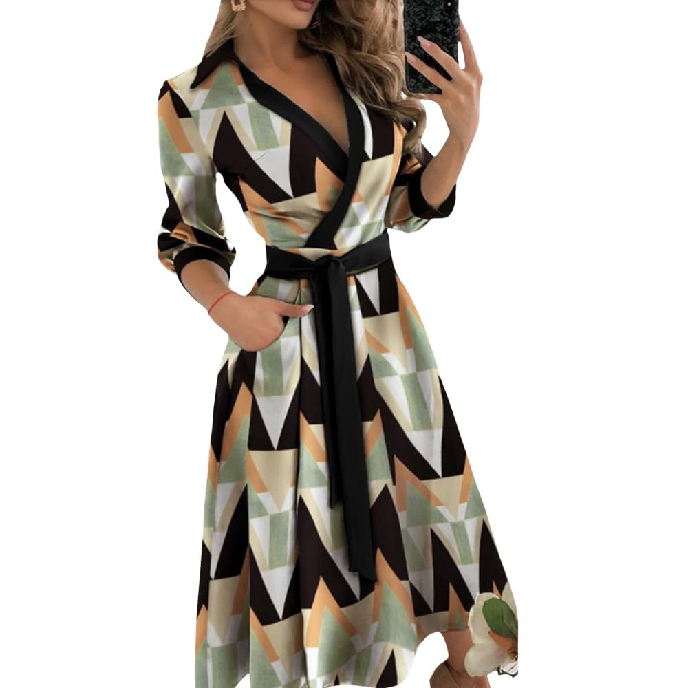 ZOCANIA Women's Color Block Shirt Dress - Lapel V-Neck Long Sleeve Button Down Office Dress for Business Casual & Workwear | Perfect for Office, Meetings, and Professional Events