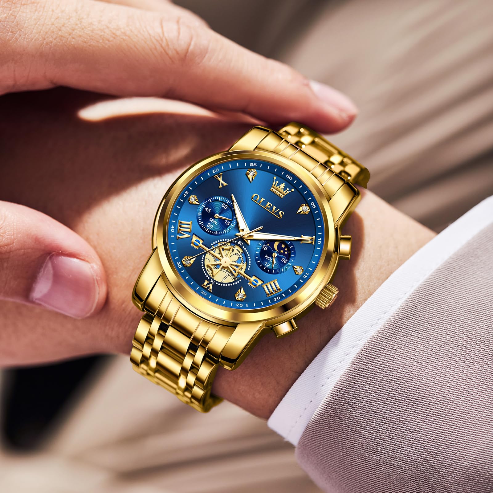 OLEVS Men's Stainless Steel Chronograph Watch - Waterproof Analog Quartz Watch with Diamond Roman Numerals, Gold/Black/White/Blue/Grey Dial - Perfect for Business, Formal Events & Everyday Wear
