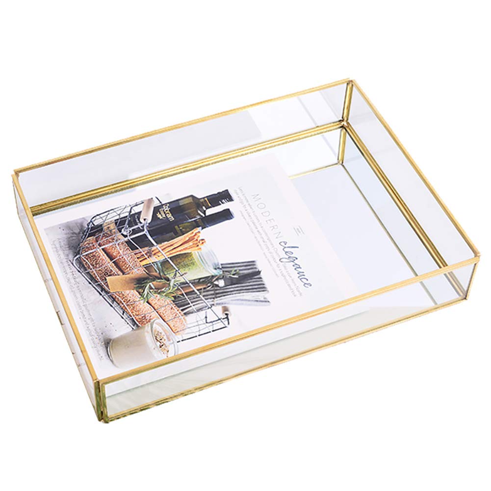 BEYST Gold Wire Glass Mirror Makeup Tray - Rectangle Vanity Organizer for Jewelry, Perfume & Cosmetics - Dressing Table, Bathroom & Bedroom Storage Solution - Perfect for Daily Beauty Routine & Gift Giving