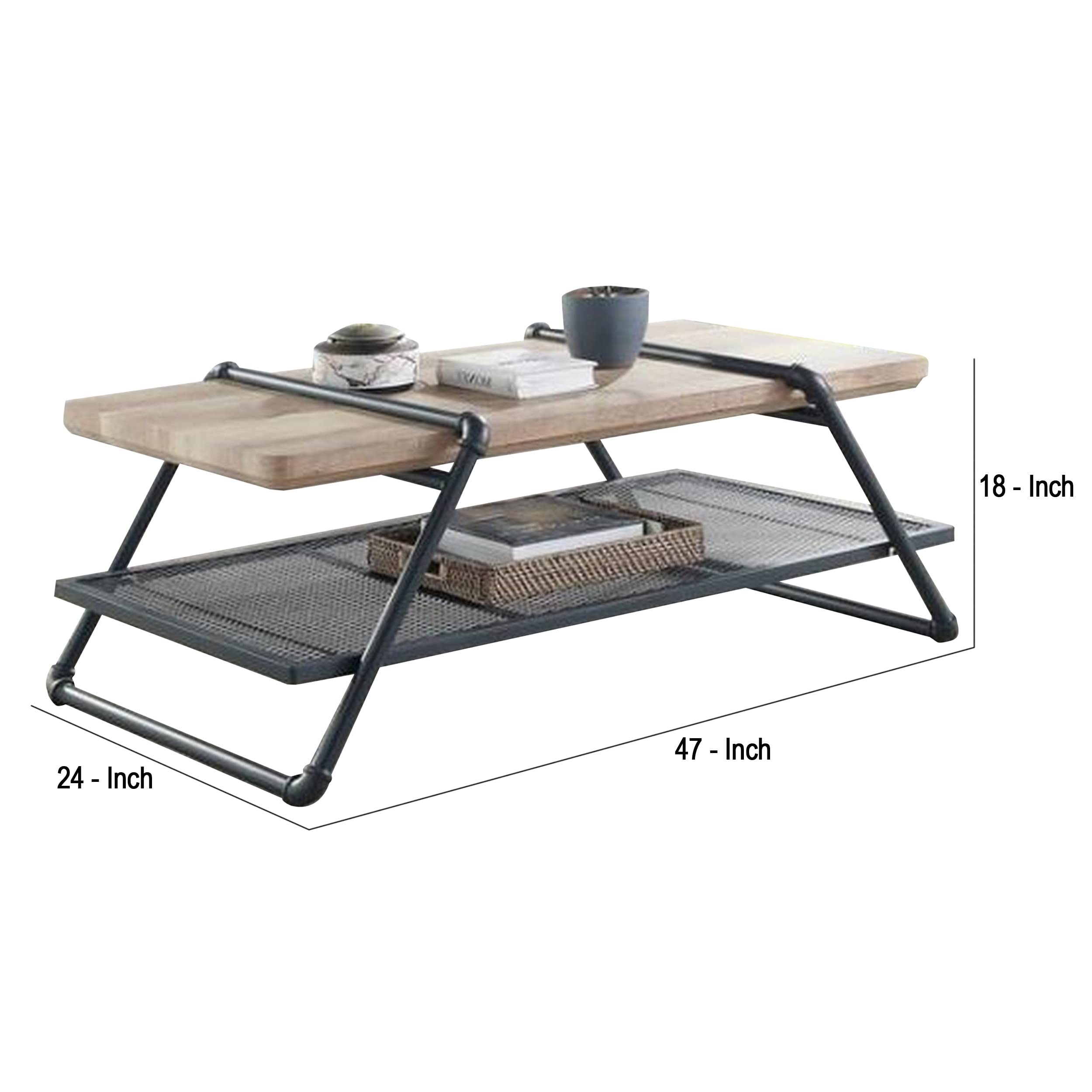 Benjara Modern Coffee Table with Wooden Top & Metal Mesh Shelf - Brown & Black Finish for Living Room, Lounge, or Office Decor