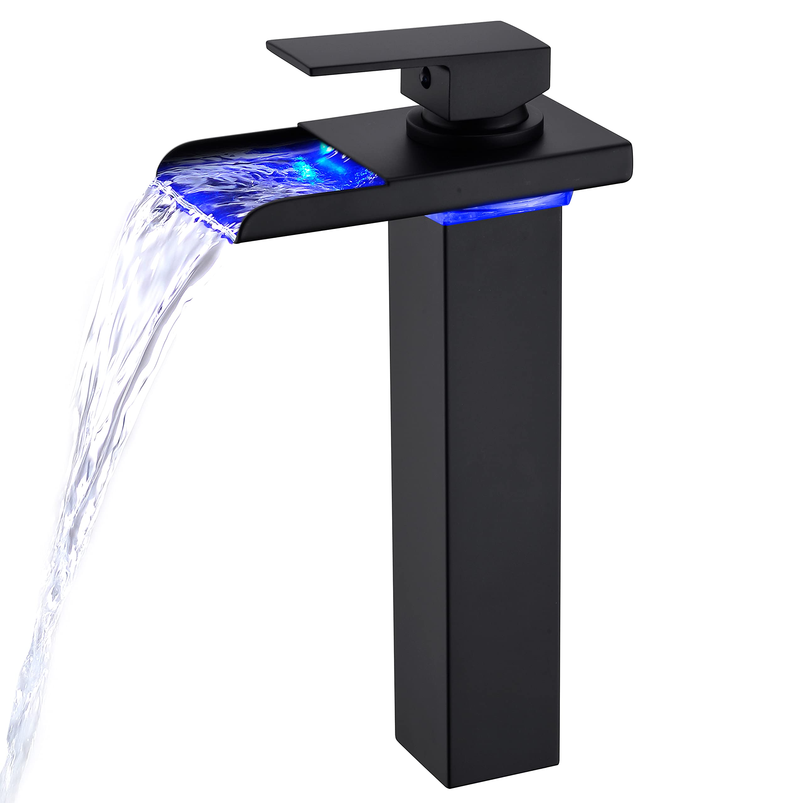 Black LED Waterfall Tall Vessel Bathroom Sink Faucet - Single Handle 1 Hole Brass Faucet with Water Supply Hoses - Perfect for Modern Bathroom Vanities and Spa-Like Sink Areas