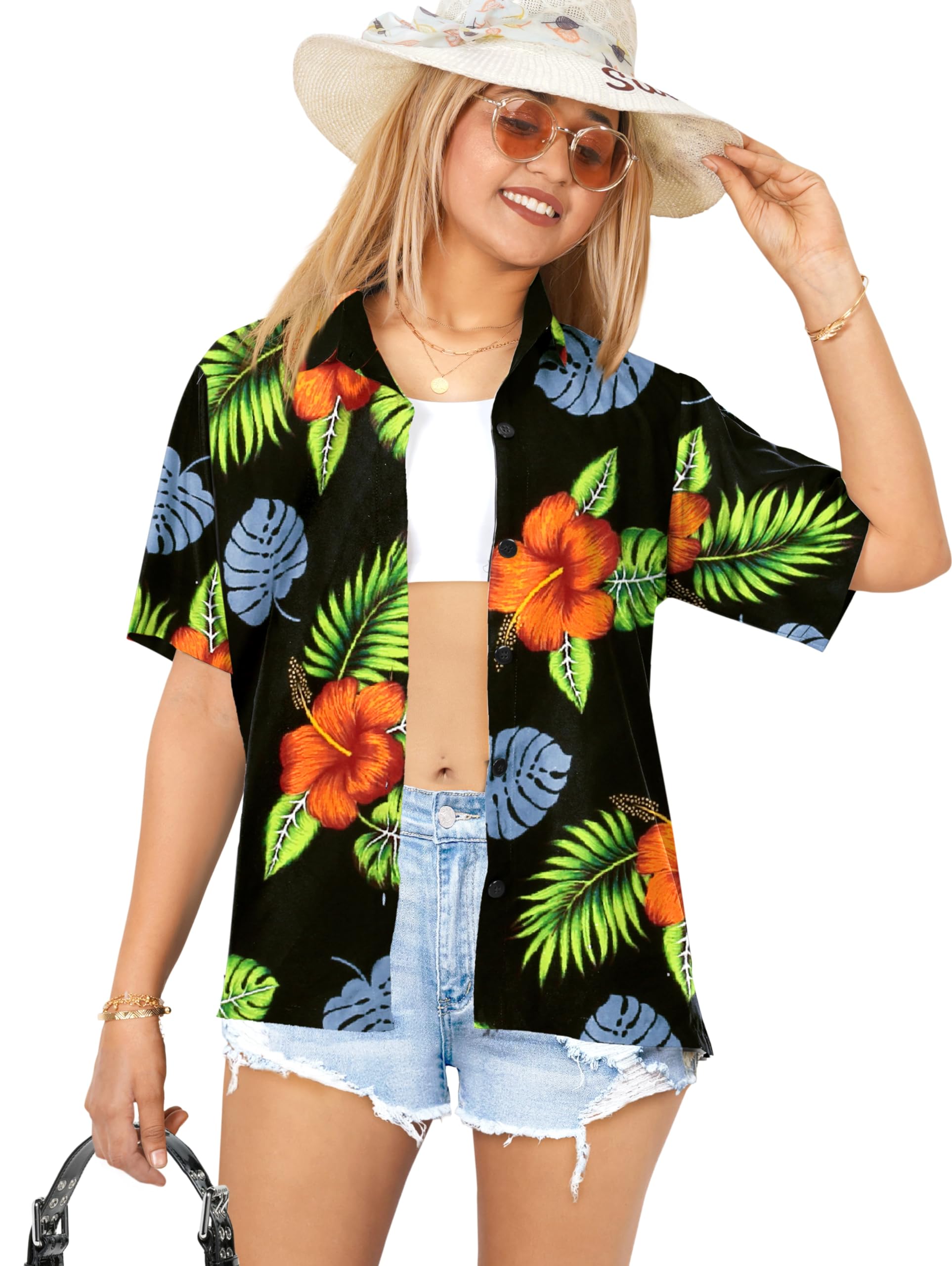 LA LEELA Women's Short Sleeve Hawaiian Blouse - Floral Print Beach Shirt for Summer Vacation, Pool Party & Tropical Getaway