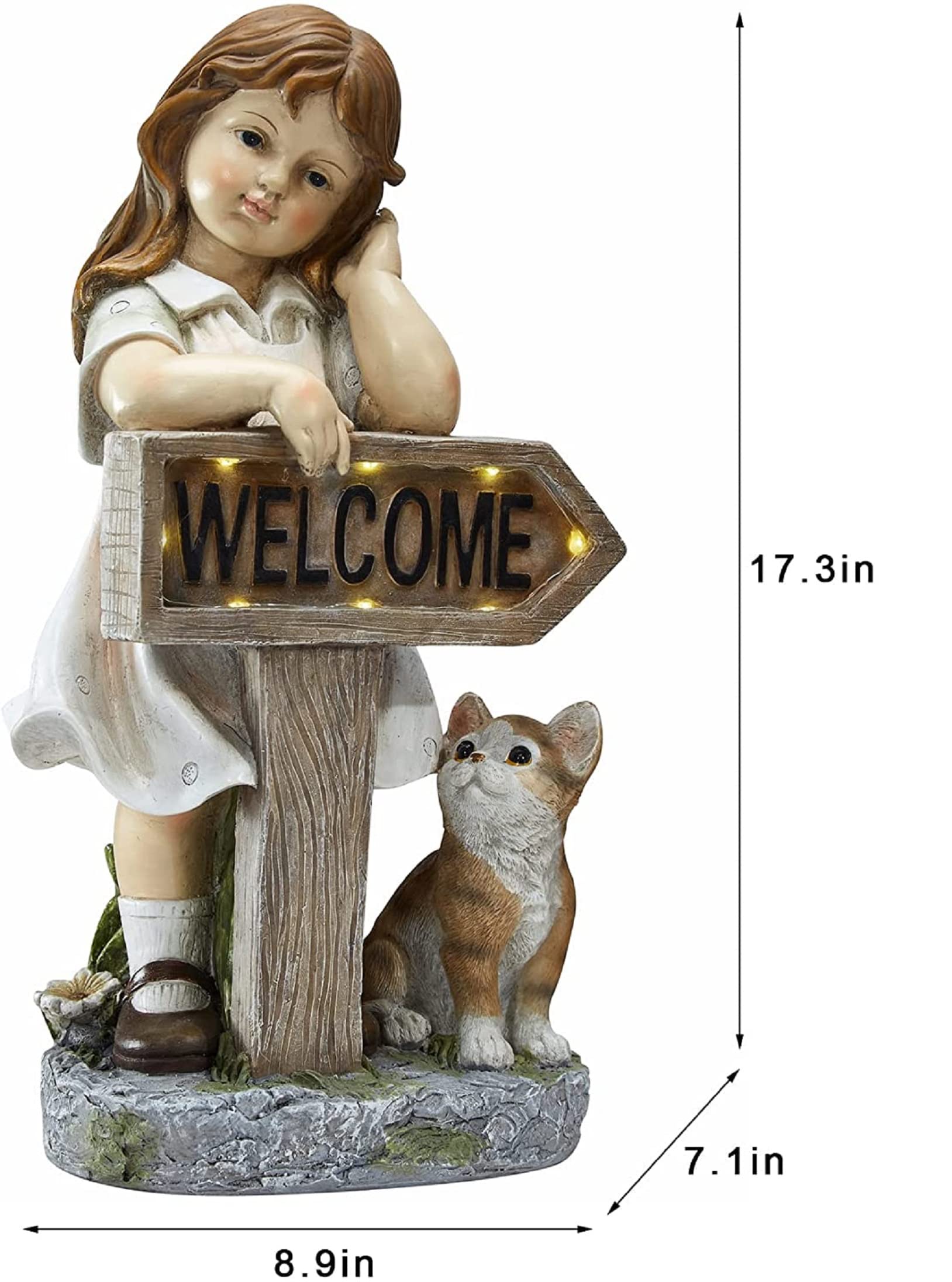 Solar-Powered Girl Garden Statue with LED Lights & Cat - 17.3 Inch Polyresin Outdoor Decor for Porch, Patio & Yard | Weather-Resistant Welcome Sign for Garden, Pathway & Home Entrance Decorations