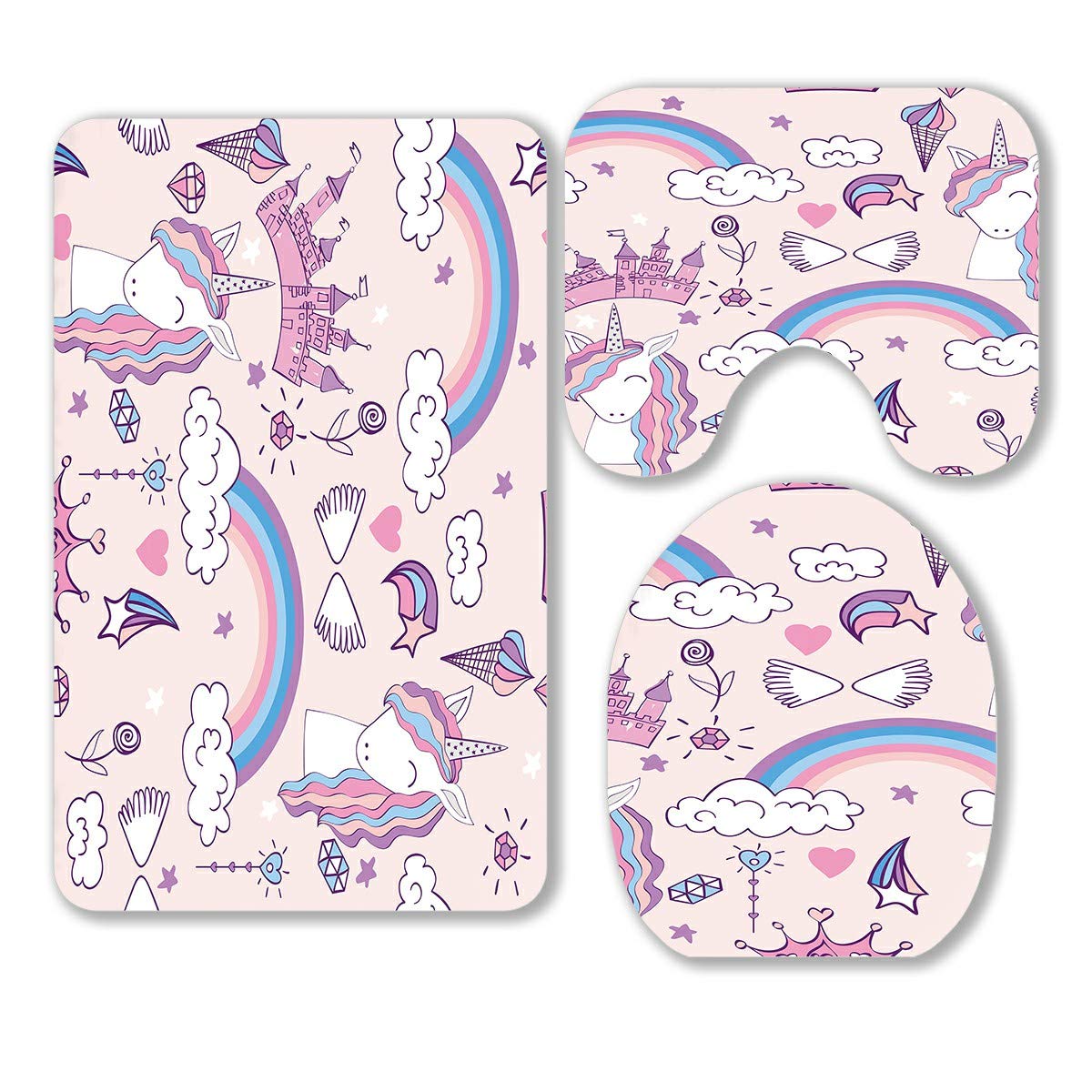 Magic Unicorn Bathroom Rug Set - 3 Piece Non-Slip Contour Mat & Toilet Cover with Enchanting Design for Kids' Bathroom Decor, Perfect for Fantasy Themed Bathrooms