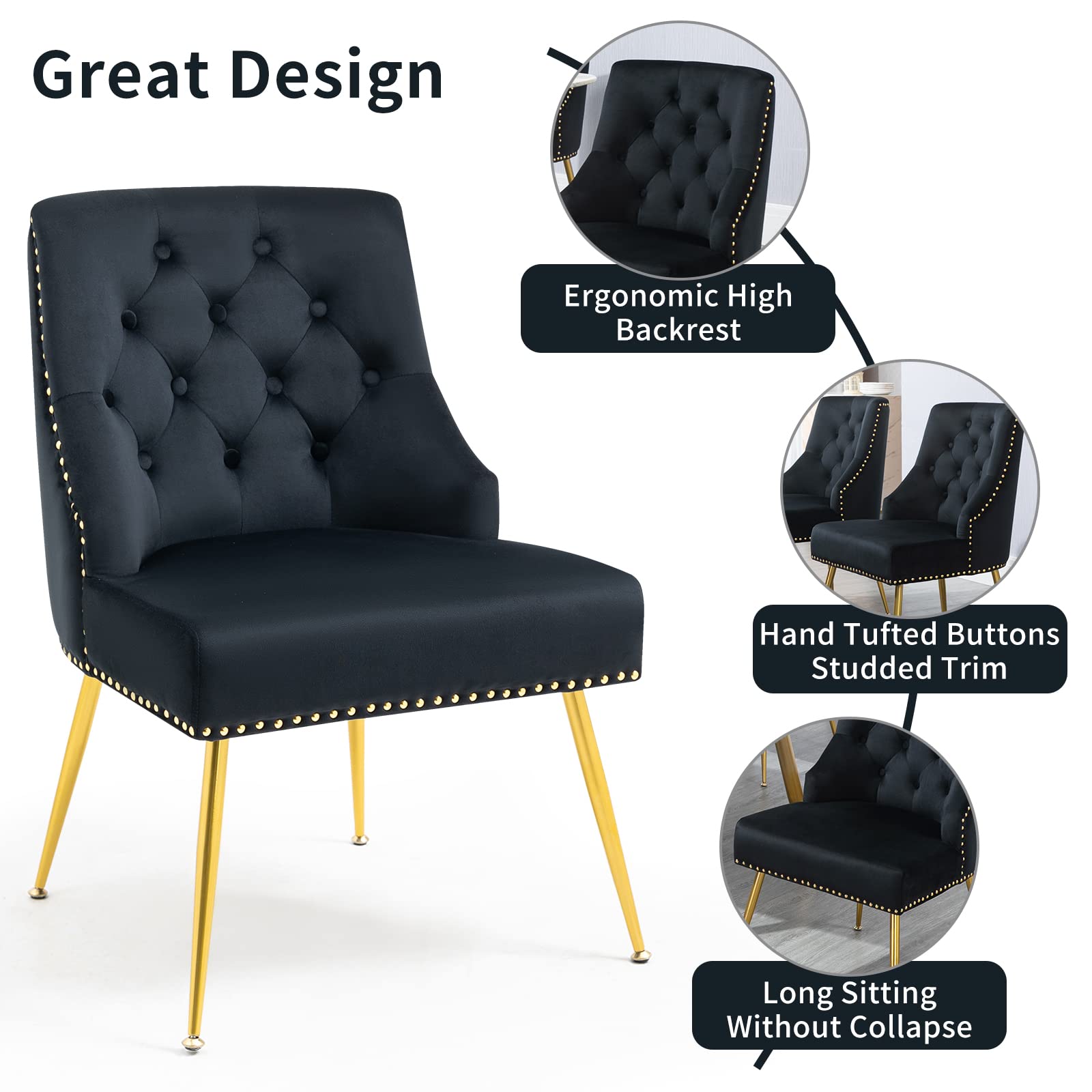 Luxury Velvet Dining Chairs Set of 6 - Modern Mid-Back Upholstered Button-Tufted Armless Chairs with Gold Metal Legs for Kitchen, Dining Room & Living Room - Elegant Home Decor for Dinner Parties & Family Gatherings (Black)