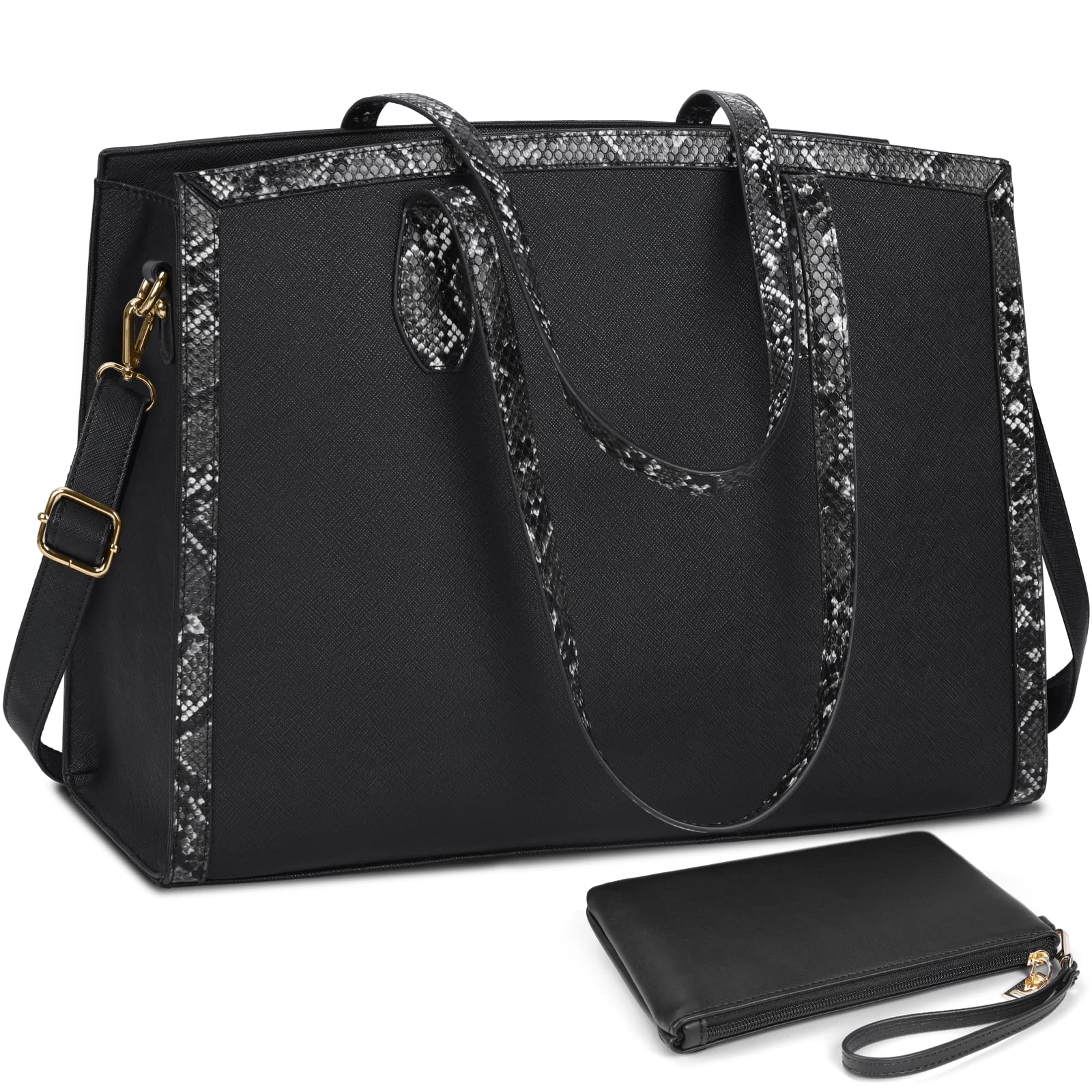 15.6 Inch Laptop Tote Bag for Women - Waterproof Leather Computer Briefcase with Large Capacity, Snake Pattern Design, Office Business Shoulder Bag 2PCs Set, Perfect for Teachers, Professionals, and Daily Commute