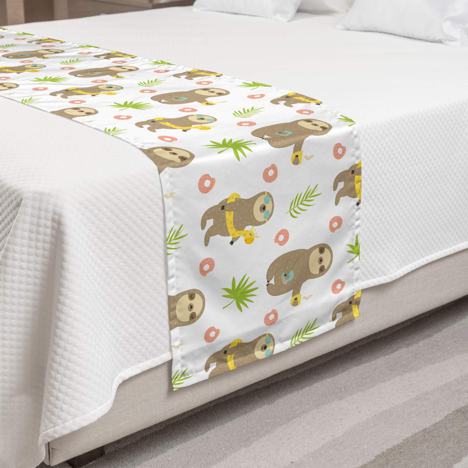 Ambesonne Sloth Bed Runner - Tropical Cacti & Sloths Drinking Coffee & Eating Donuts Pattern, Decorative Bed Scarf for Home, Hotel & Guest Room Decor - White & Multicolor - Perfect for Boho & Jungle Themed Bedrooms