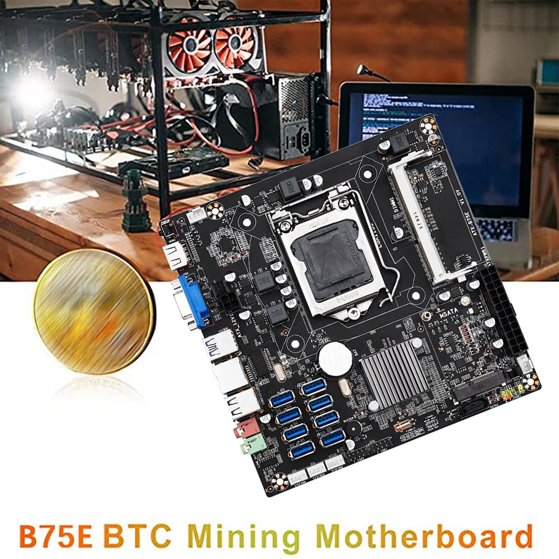 Lodokdre B75E 8 Card BTC Mining Motherboard with Intel B75 Chipset, LGA1155 Socket, DDR3 RAM, 8 USB 3.0 Ports - Includes CPU, CPU Fan, Thermal Grease & SATA Cable - Perfect for Bitcoin Mining Rigs & Crypto Mining Setup
