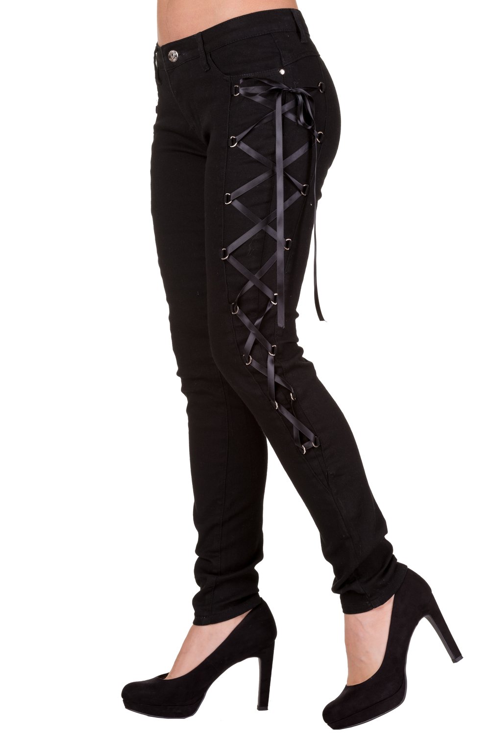 Lost Queen Feel Real Black Side Corset Lace-Up Skinny Jeans for Women - Sexy High Waisted Pants for Night Out, Date Night & Casual Wear