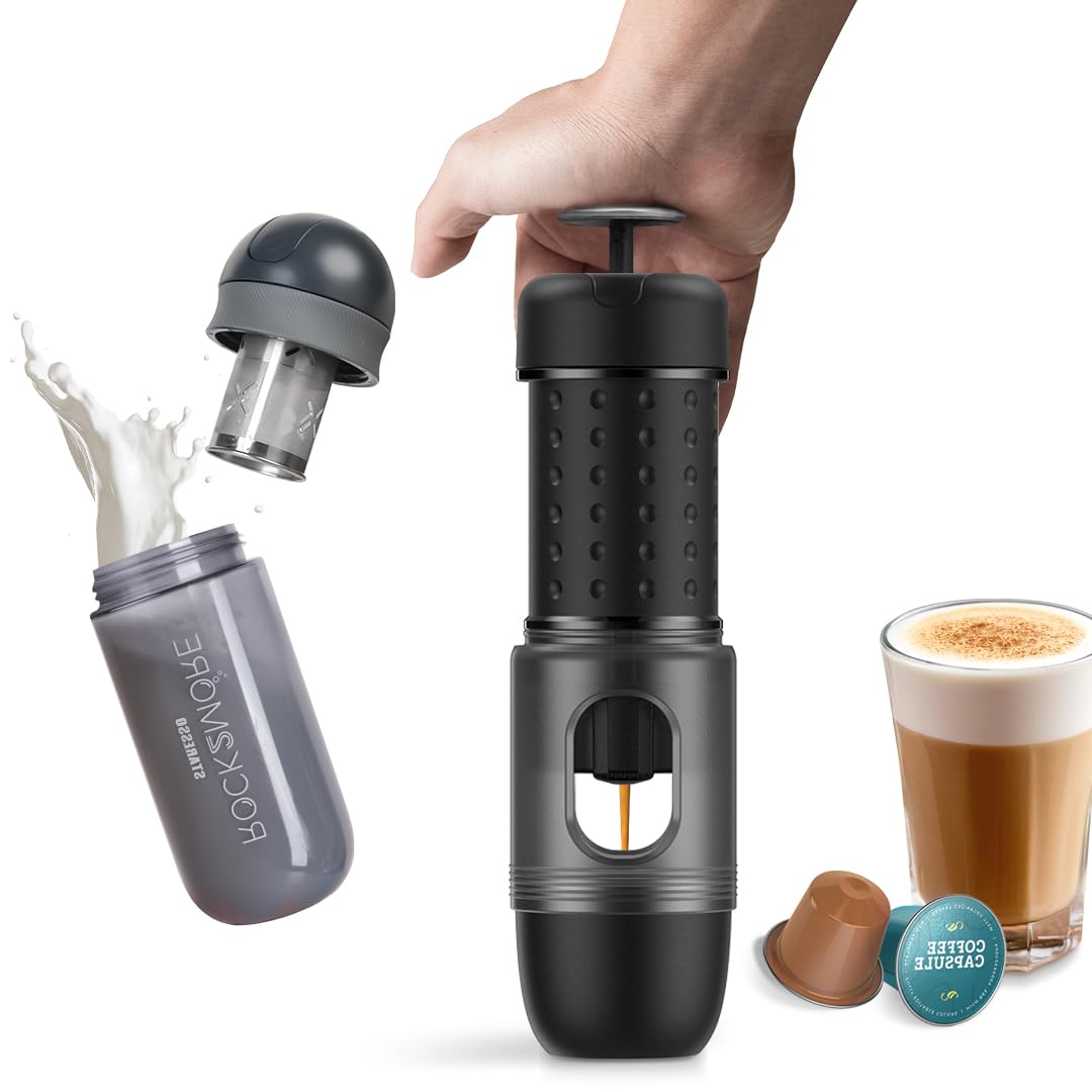 STARESSO MINI Portable Espresso Machine & Manual Milk Frother - 2-in-1 Travel Coffee Maker for Camping, Office & Home Use - Compatible with Nespresso Capsules & Ground Coffee (Black)
