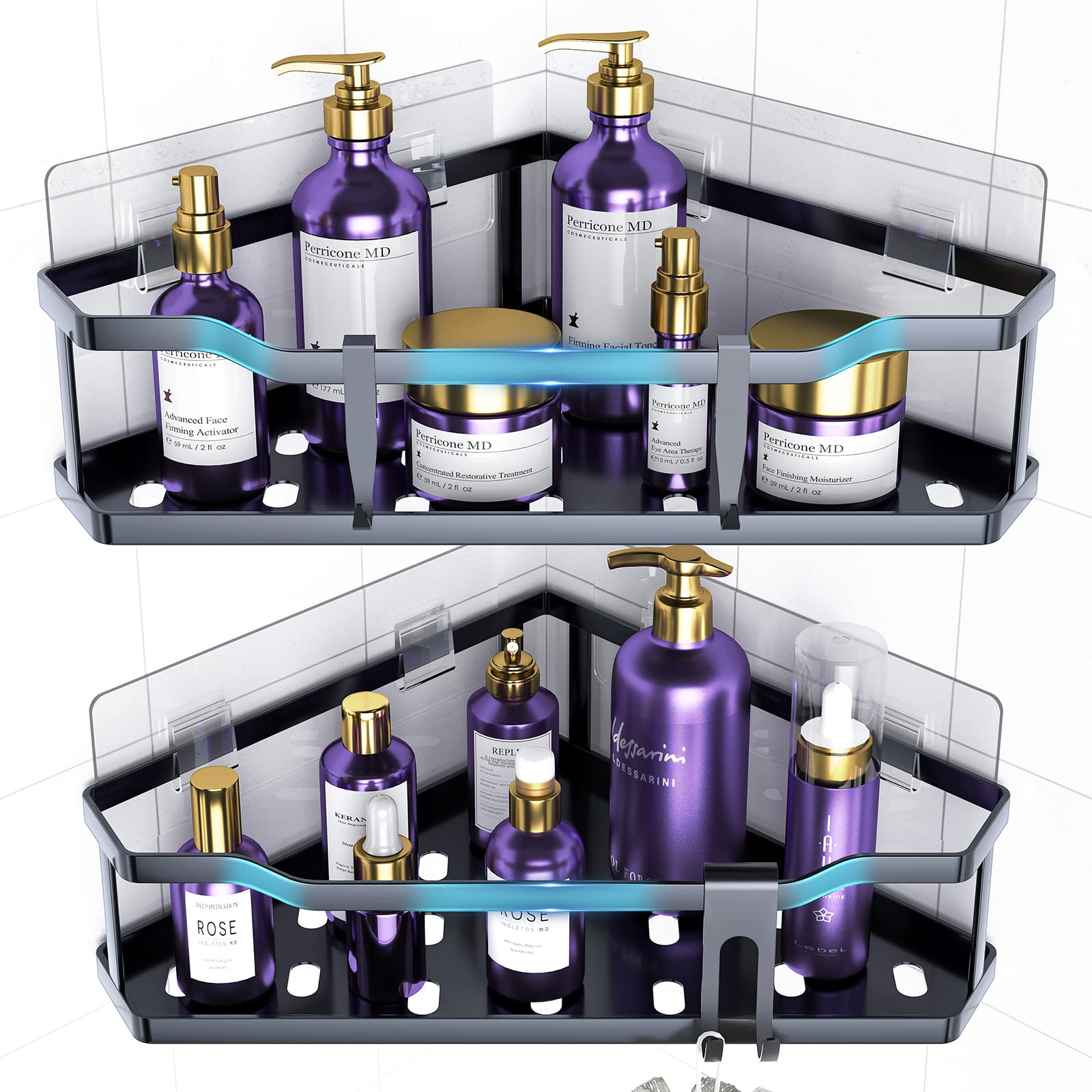 2 Pack No Drill Corner Shower Caddy - Rustproof SUS304 Stainless Steel Shower Organizer with 3 Hooks & 4 Traceless Adhesive Pads - Space Saving Bathroom Shelf for Shampoo, Soap & Towels - Perfect for Small Bathrooms, Dorms, Apartments & RVs