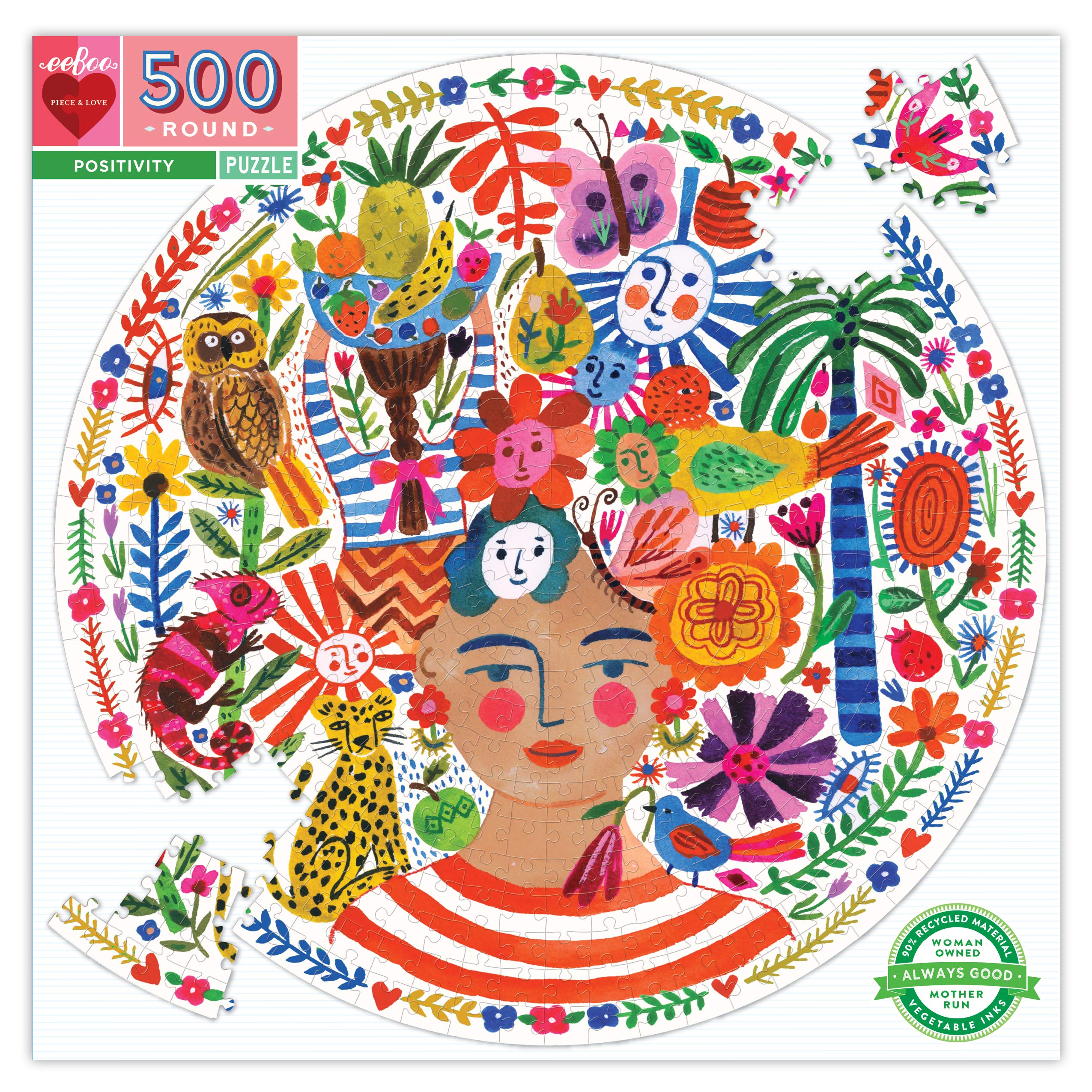 eeBoo Piece and Love Positivity 500-Piece Round Jigsaw Puzzle for Adults & Families - Premium Glossy Finish, Durable Pieces, Low Dust - Perfect for Family Game Nights, Stress Relief & Home Decor
