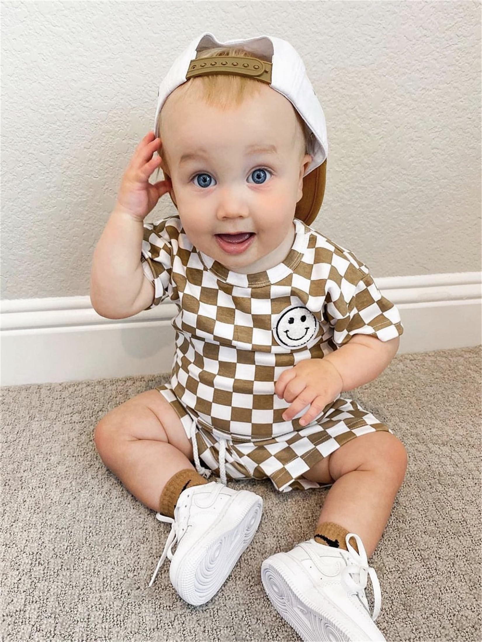 Adorable Infant Baby Boy Summer Outfit - 2PC Short Sleeve Plaid T-Shirt & Shorts Set | Soft Cotton Toddler Clothes for Playtime & Outdoor Activities