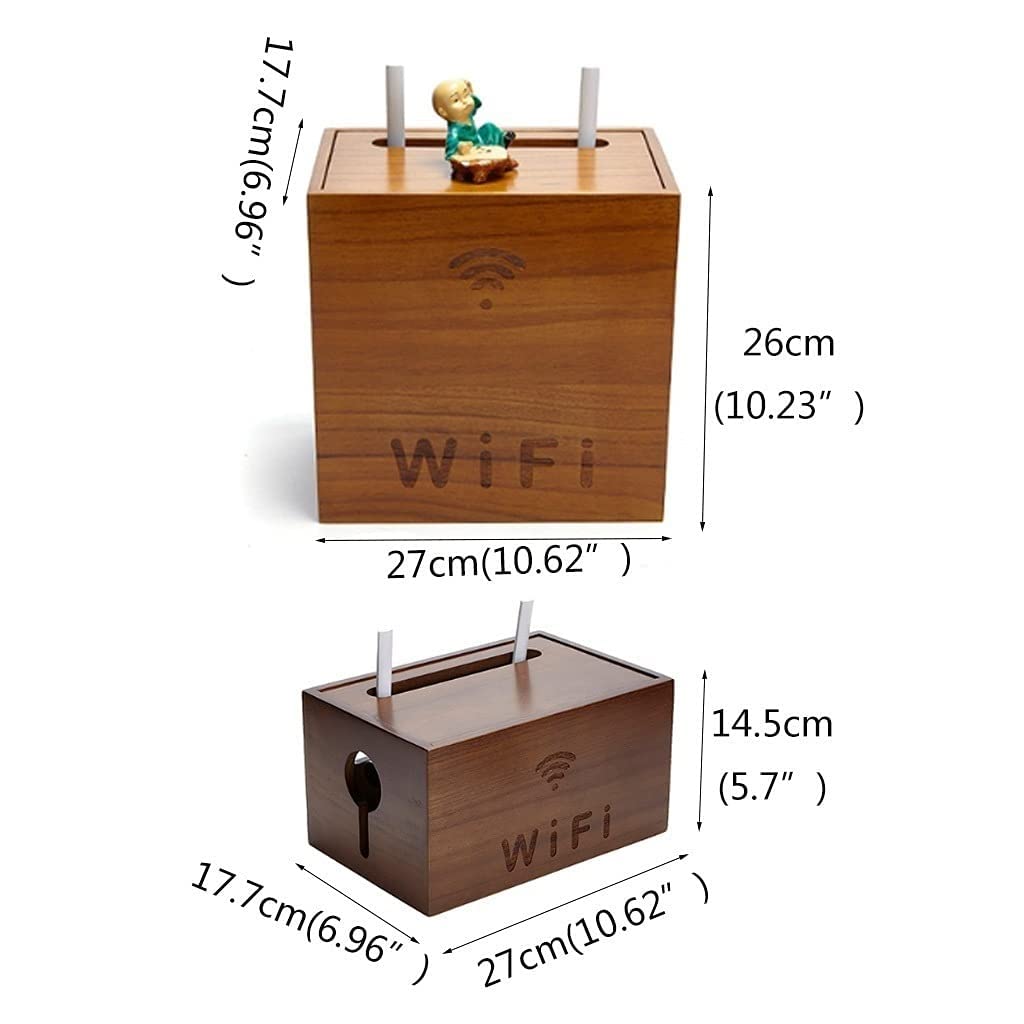 Wooden WiFi Router Storage Box with Power Strip Management - Desktop Organizer for Wireless Router, Cables & Accessories | Perfect for Home Office, Living Room & Bedroom Organization