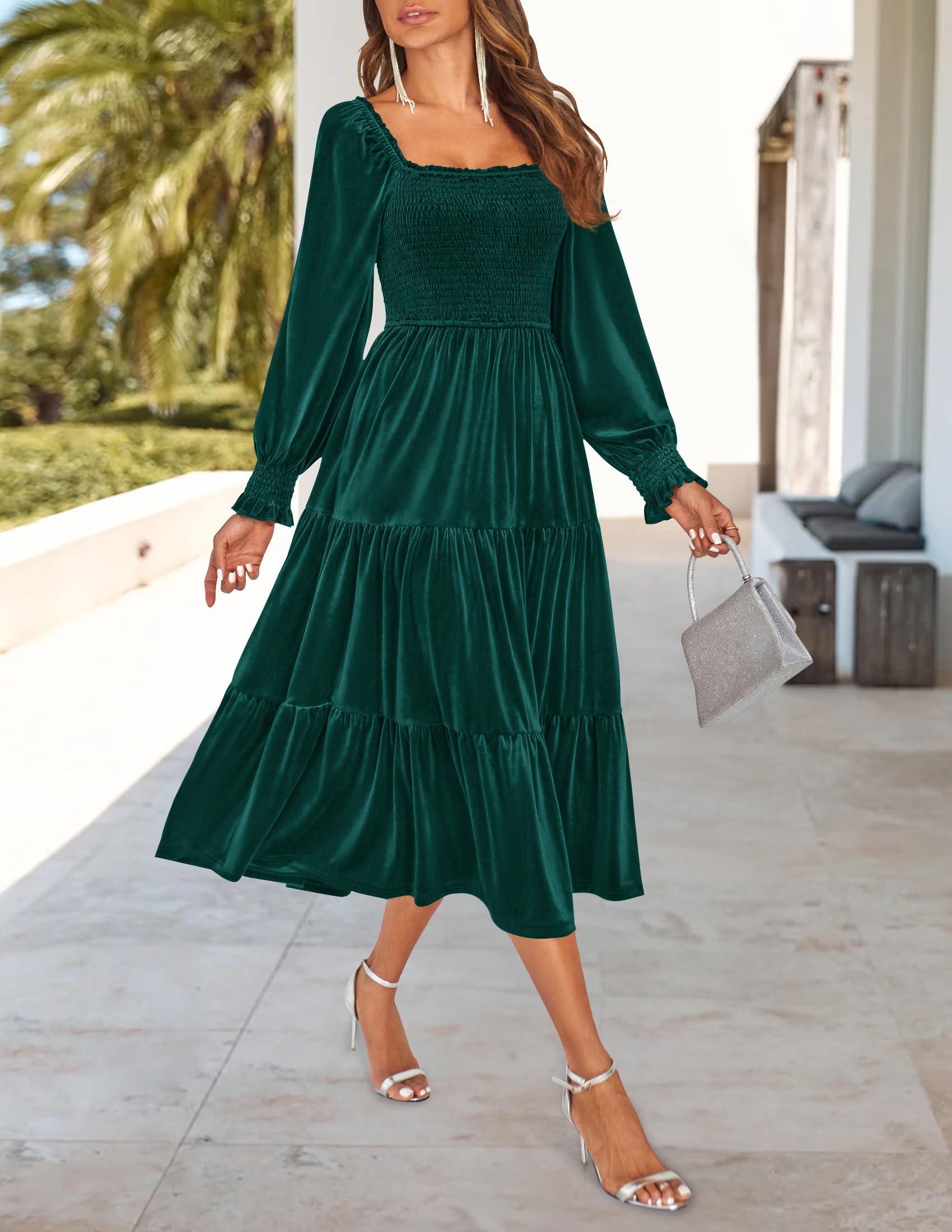 ZESICA Women's Velvet Long Sleeve Square Neck Smocked Ruffle A-Line Midi Dress with Pockets - Elegant Spring 2025 Flowy Dress for Parties, Weddings & Date Nights