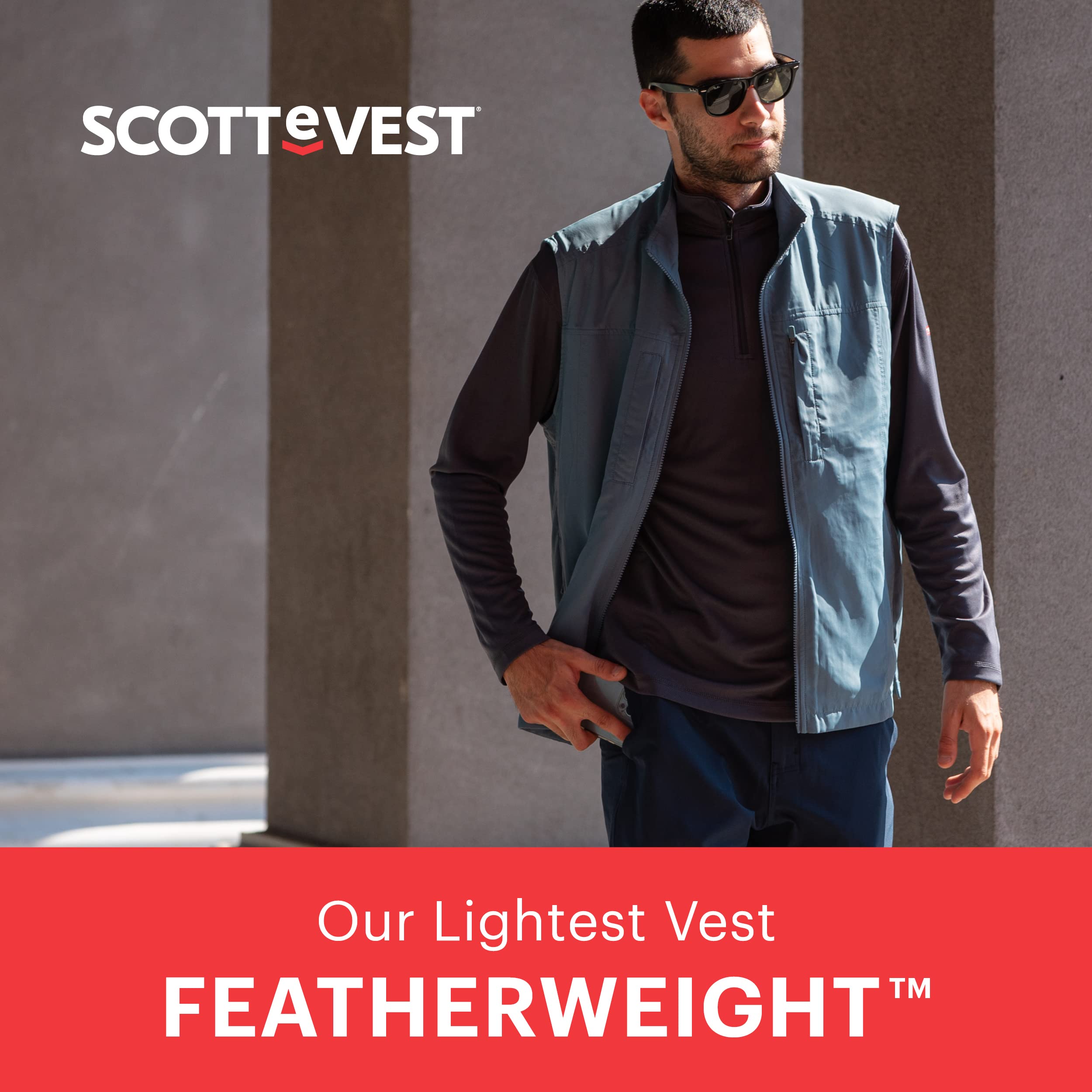 SCOTTeVEST Men's Featherweight Travel Vest with 16 Hidden Pockets - Lightweight Water Repellent Jacket for Outdoor Activities, Hiking & Business Travel