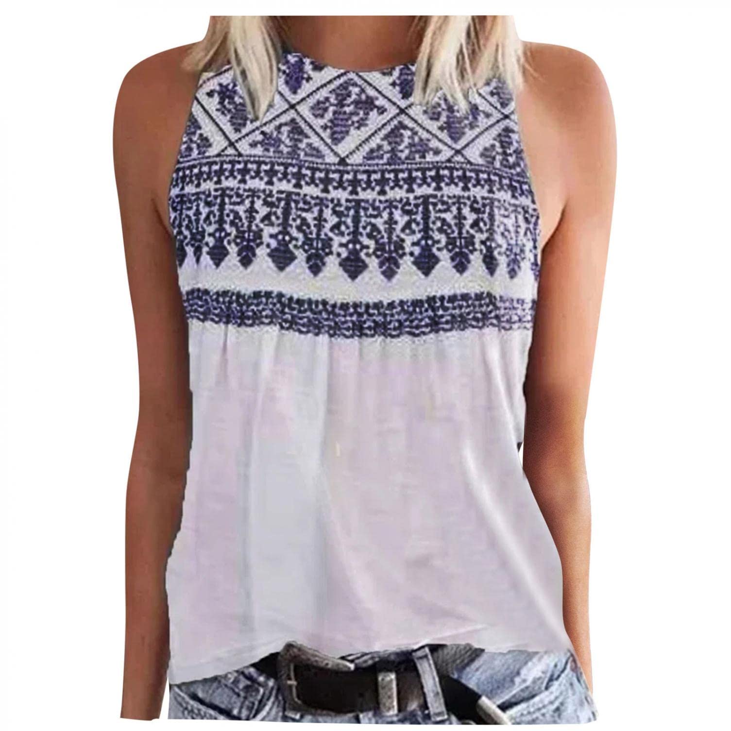 Women's Summer Sleeveless Blouse - Casual Loose Fit Sling O-Neck Strap Print Top for Outdoor, Beach & Vacation Wear