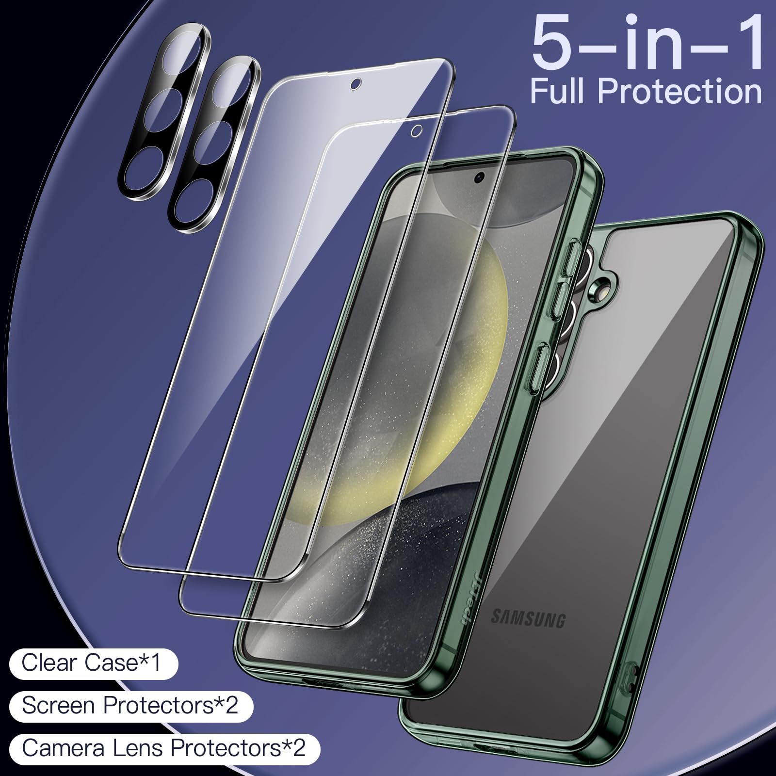 JETech 5-in-1 Protective Case for Samsung Galaxy S24+ / S24 Plus 5G - Includes 2-Pack Tempered Glass Screen Protector & Camera Lens Protector, Shockproof Bumper Cover (Green) | Perfect for Outdoor Activities, Work & Travel