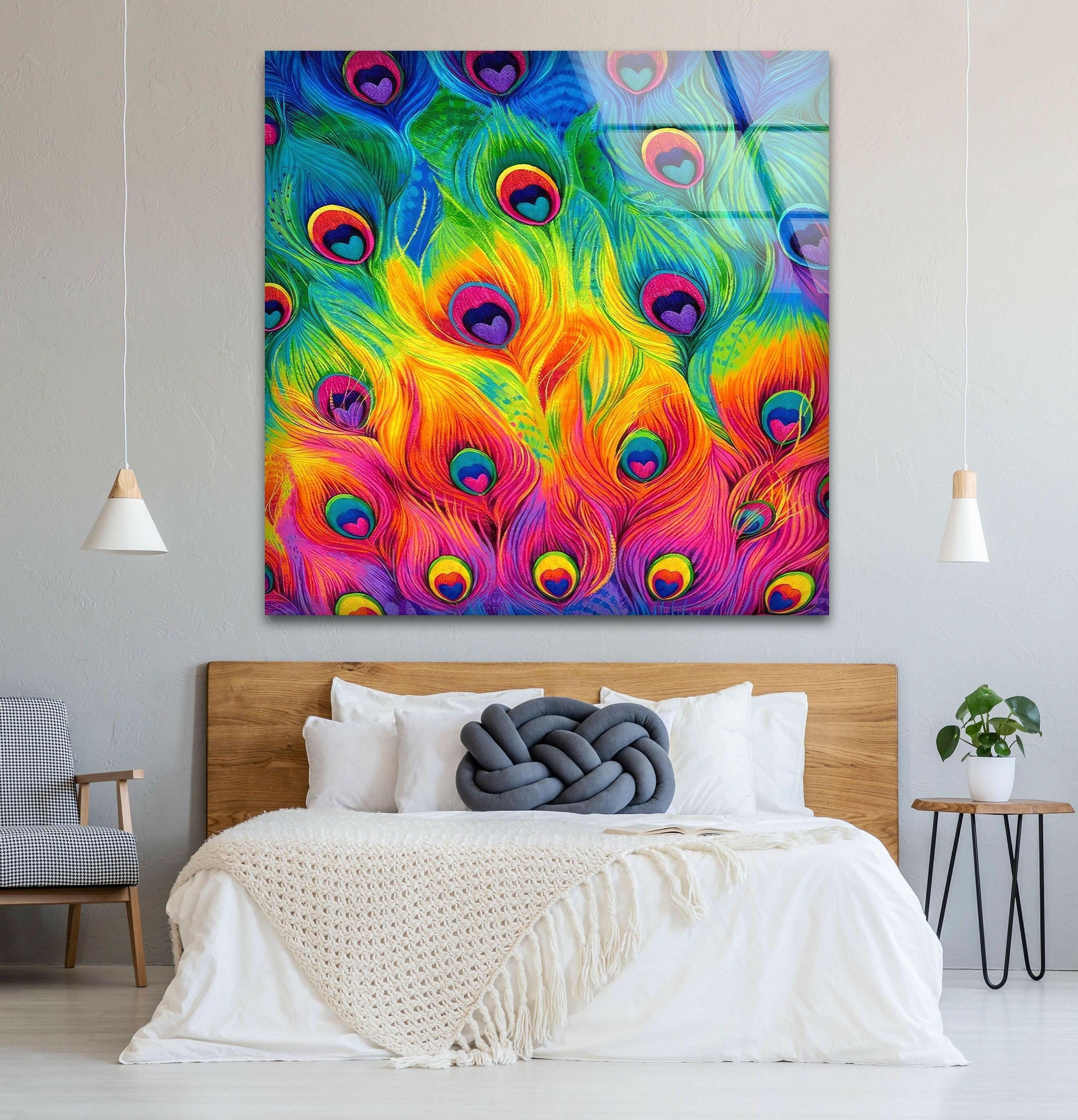 Vibrant Peacock Feather Glass Wall Art Decor - Handmade Stained Glass Window Hanging for Living Room, Bedroom, or Office Decor