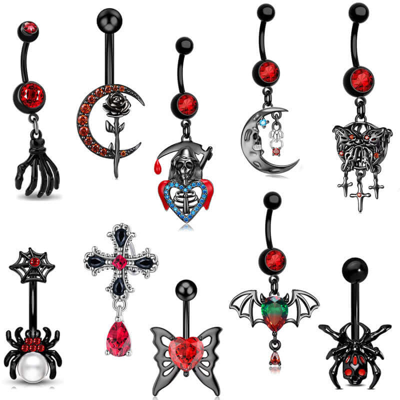 14G Goth Black Widow Vampire Bat Dangle Belly Button Rings - Body Jewelry for Piercing | Perfect for Halloween, Gothic Fashion & Alternative Style