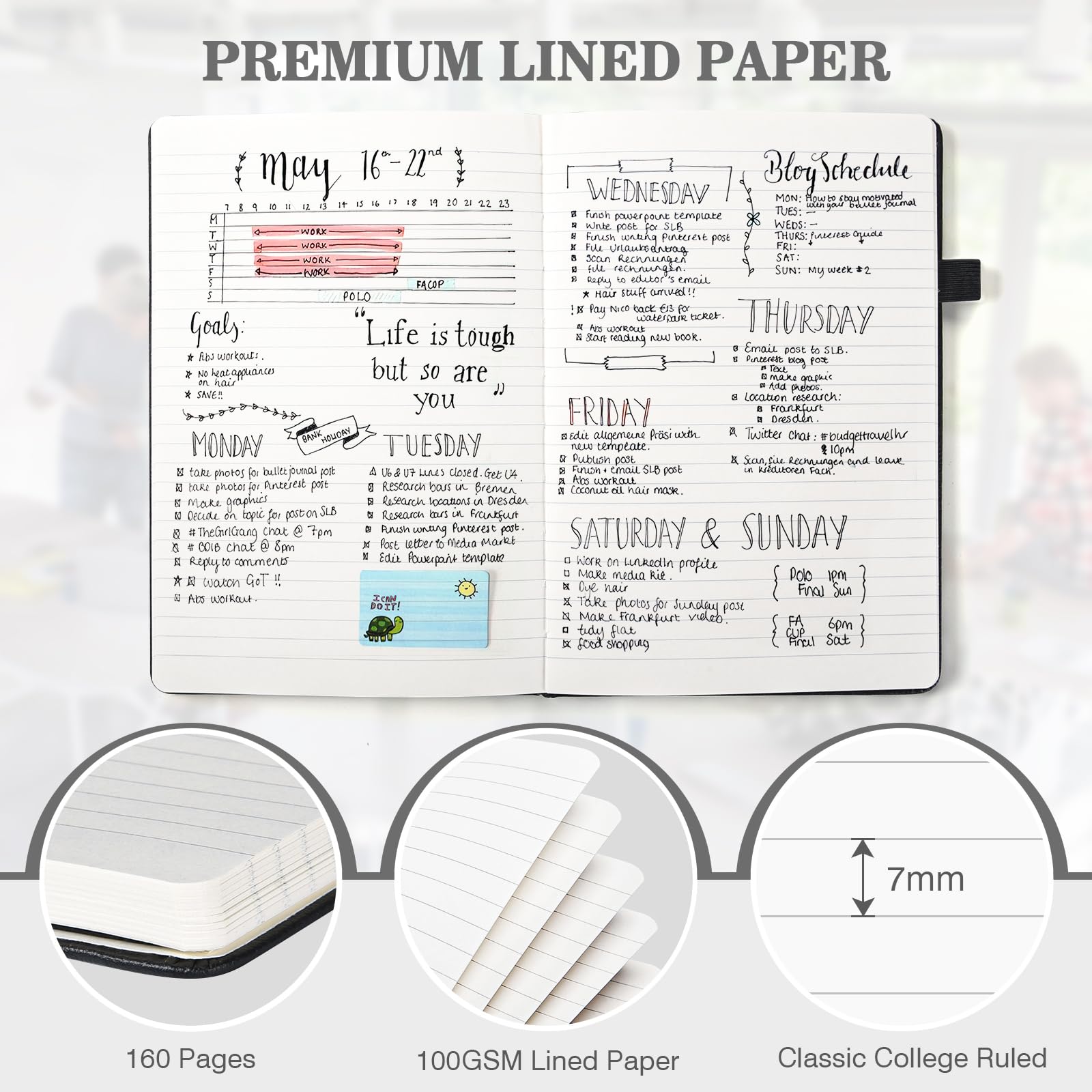 OMEYA 3-Pack A5 Lined Journal Notebooks - College Ruled Hardcover Notebook with 2 Pockets & Pen - 160 Pages Thick 100GSM Paper - Leather Writing Journal for Women & Men - Perfect for Work, School, Office & Travel (Black)
