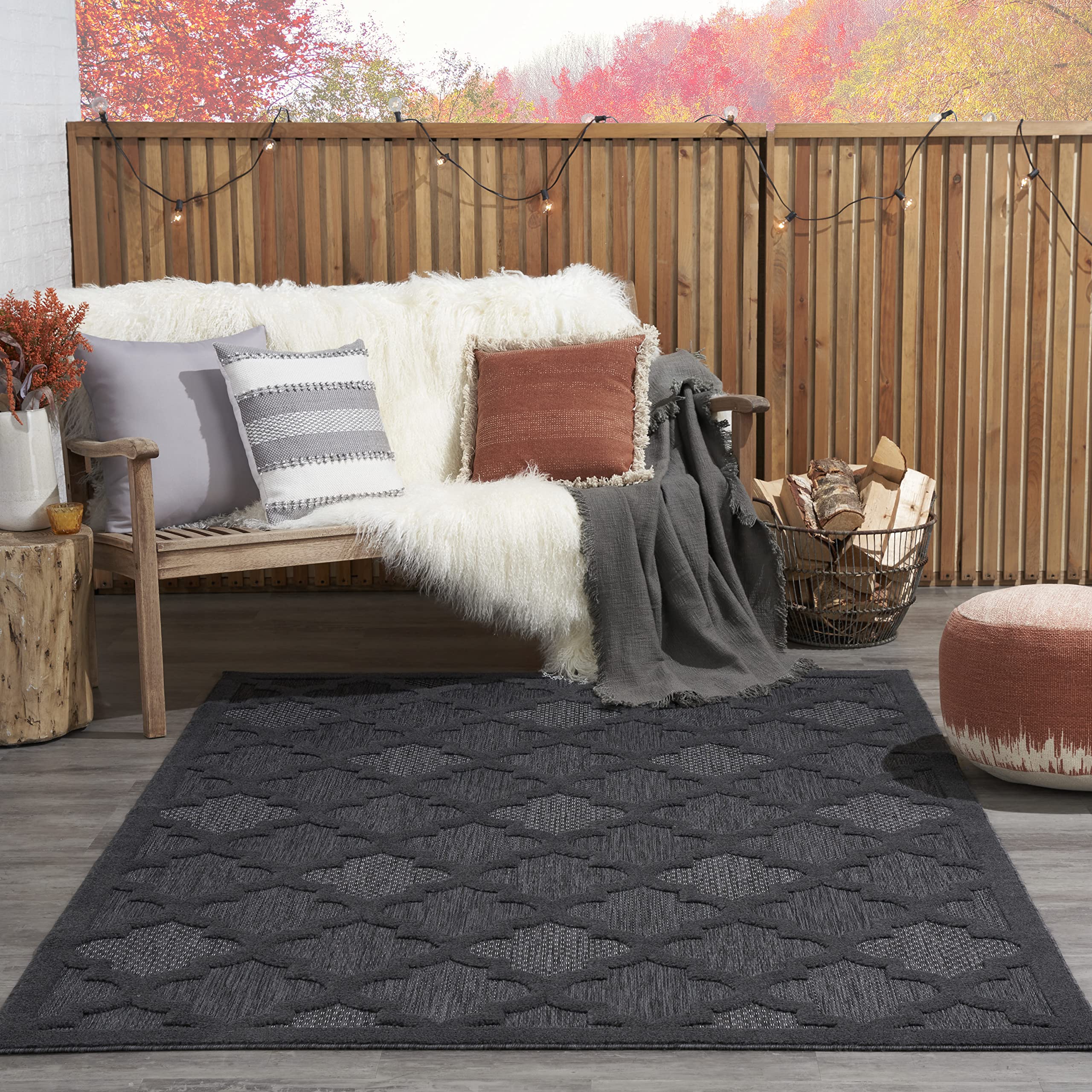 Nourison Easy Care Moroccan Charcoal/Black 6' x 9' Area Rug - Trellis Pattern, Non-Shedding & Easy Cleaning - Perfect for Bedroom, Living Room, Dining Room, Backyard, Deck & Patio (6x9) - Ideal for Home Decor, Outdoor Entertaining & Cozy Gatherings
