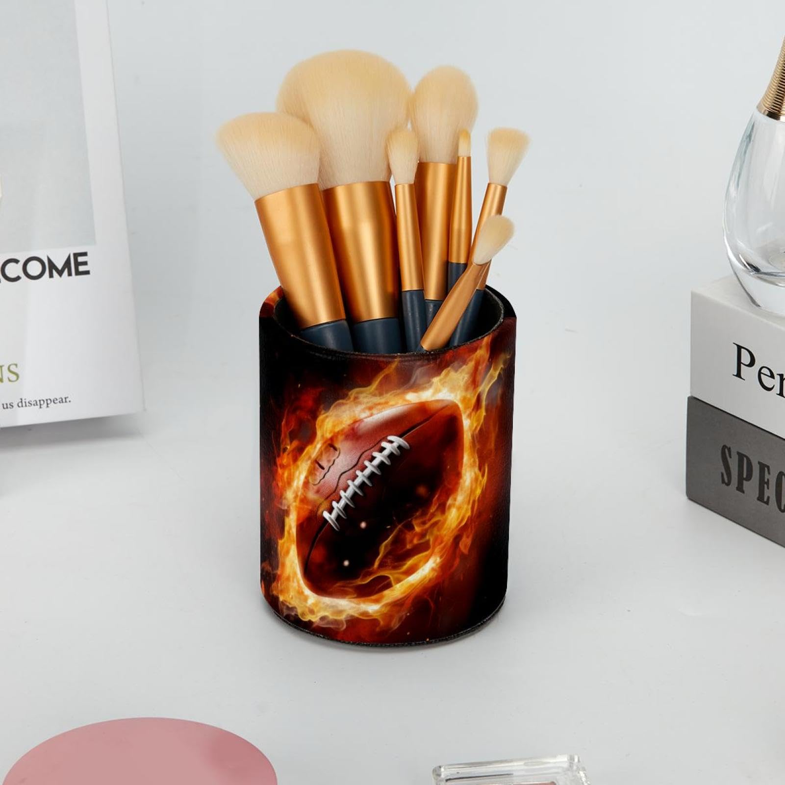 Desk Pen Holder & Pencil Organizer - American Football & Fire Design Office Supplies for Home, School, and Workplace Organization