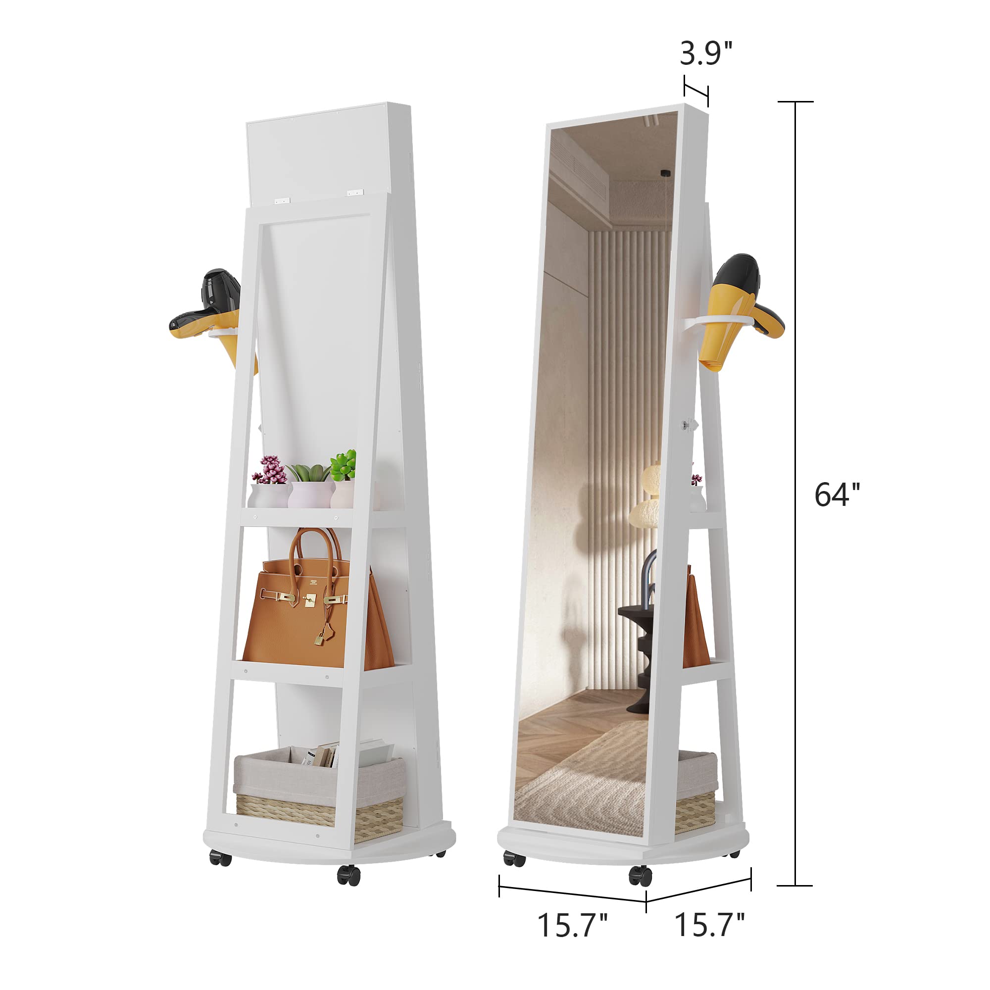 360° Swivel Jewelry Armoire with LED Mirror & Lockable Wheels - Full Length Standing Jewelry Cabinet with Foldable Makeup Shelf & Storage Organizer - Perfect for Bedroom, Closet & Dressing Room (White)