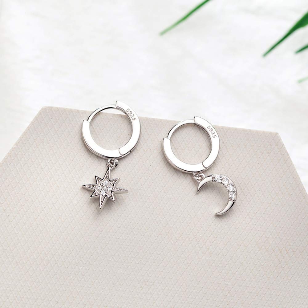 CZ Moon Star Dangle Small Hoop Earrings for Women - Sterling Silver with Crystal Charms, Asymmetrical Snowflake & Crescent Drop - Delicate Cartilage Clip Jewelry - Perfect Birthday Gifts for Best Friend, Girlfriend & Daughter - Great for Parties, Date Nights & Everyday Wear