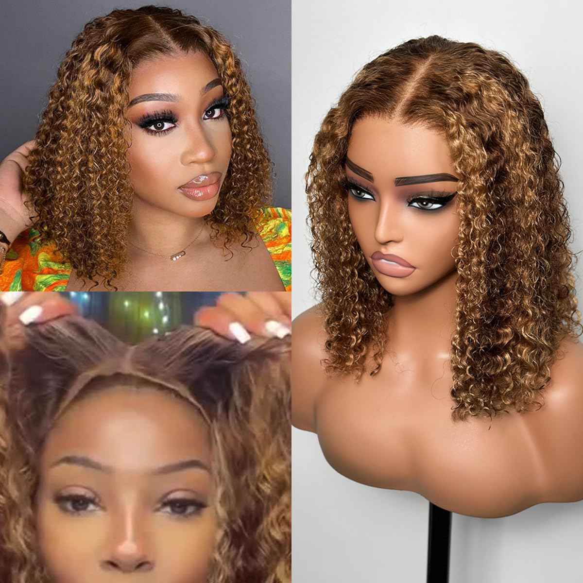 Lettie Wear and Go Glueless Wigs Human Hair Pre Plucked Precut - P4/27 Highlight Ombre Honey Blonde Curly Bob Wig - 200% Density 5x5 Lace Closure - Natural Hairline for Women (16 inch) - Perfect for Daily Wear, Parties & Special Occasions