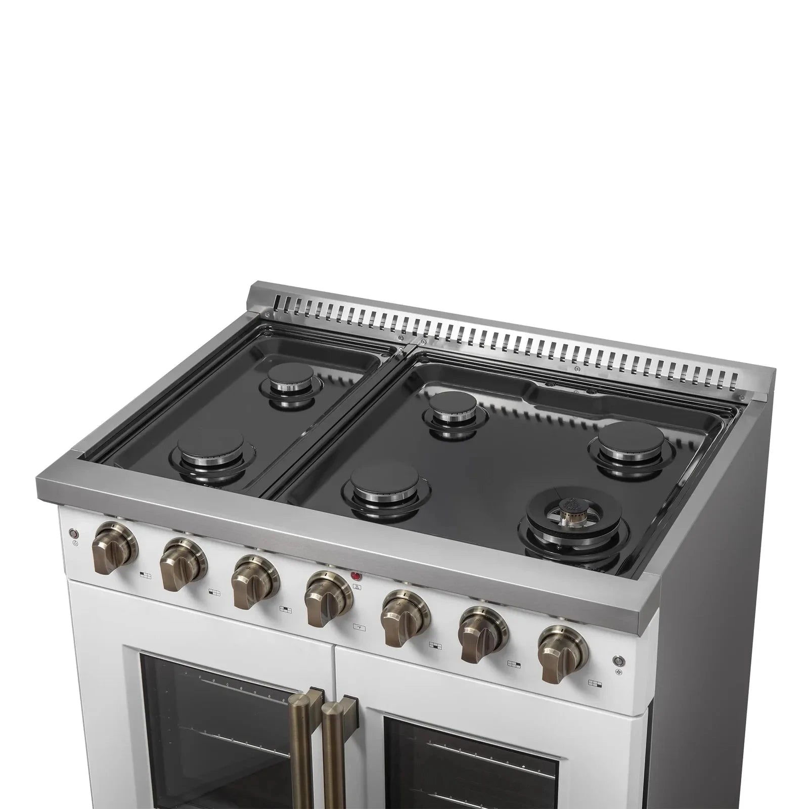 Forno Galiano 36-Inch French Door All Gas Range in White with Antique Brass Trim - Model FFSGS6444 36WHT | Professional Kitchen Appliance for Home Chefs & Modern Cooking