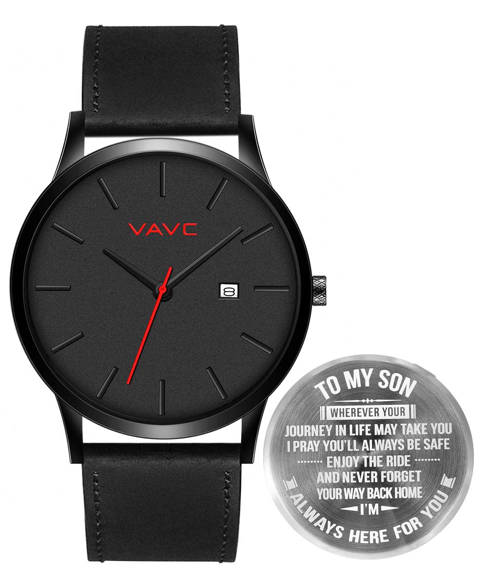 VAVC Men's Black Leather Analog Quartz Watch - Minimalist Black Dial Dress Watch for Business, Casual & Everyday Wear - Water Resistant & Stylish Timepiece