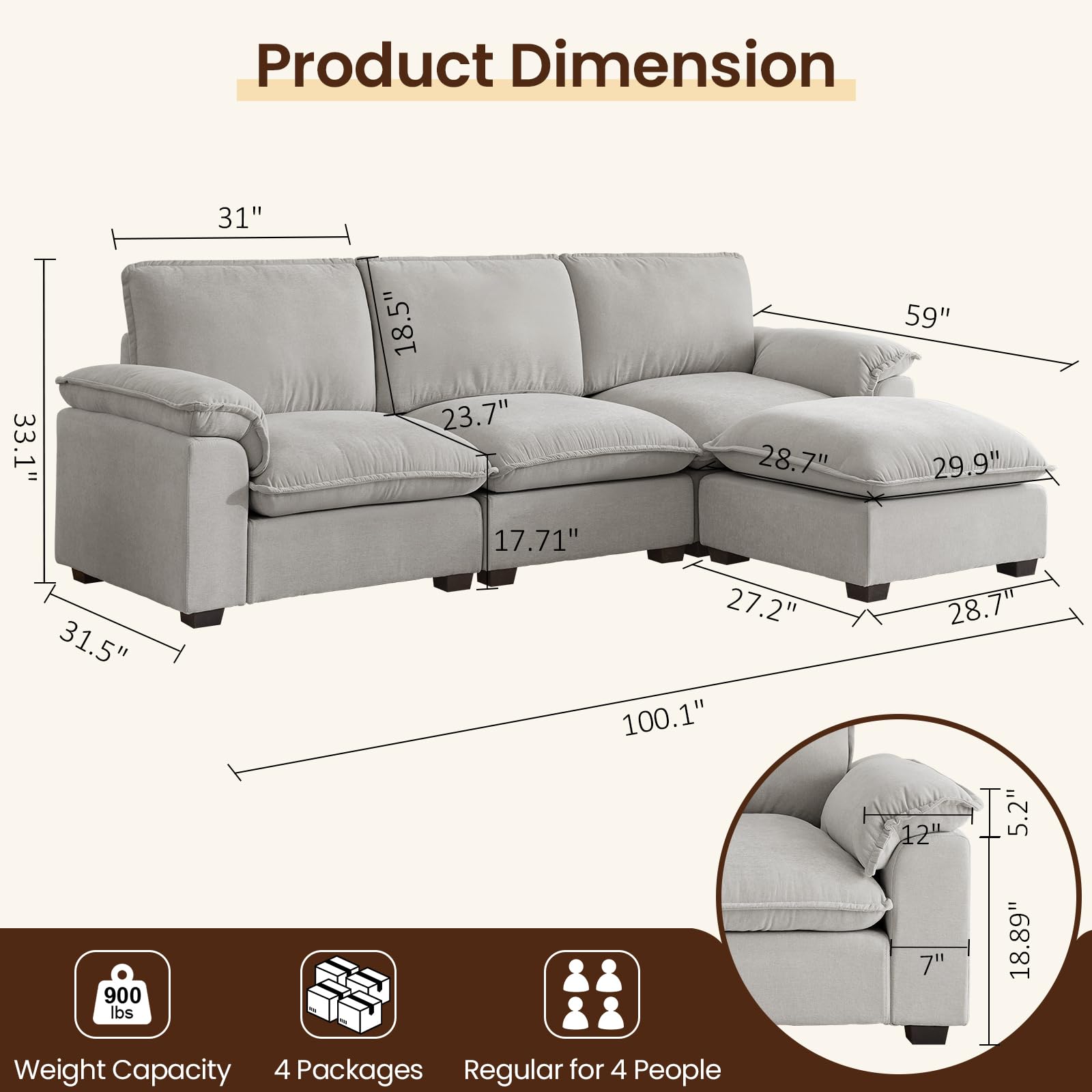 L-Shaped Modular Sectional Sofa with Reversible Chaise & Padded Armrests - Deep Seat Cloud Couch in Soft Chenille Fabric, Grey - Perfect for Living Room, Apartment, Office, and Home Theater Lounging