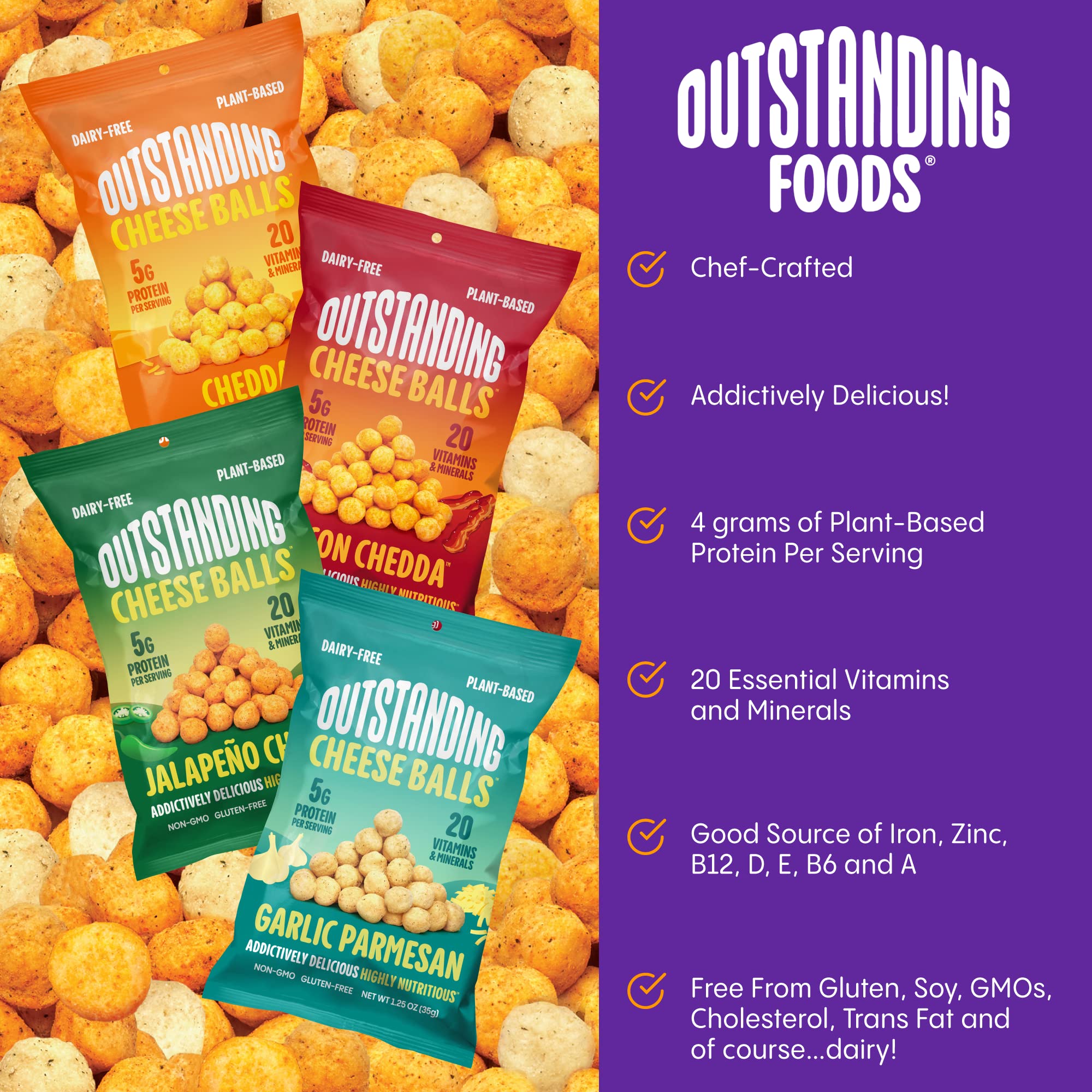 Outstanding Foods Garlic Parmesan Cheese Balls - Vegan, Dairy-Free, Gluten-Free, Low Carb Snacks - Packed with 20 Essential Vitamins & Minerals - 1.25oz (8-Pack) - Perfect for Keto Diet, Healthy On-the-Go Snacking & Movie Nights