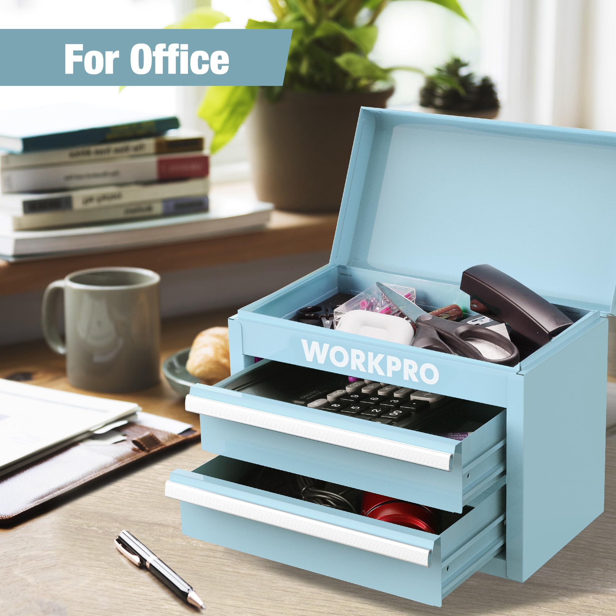 WORKPRO Mini Metal Tool Box with 2 Drawers & Top Storage - Small Steel Tool Chest with PVC Liners, PP Feet Pads & Magnetic Tab | Durable Cold Rolled Steel Construction | Perfect for Home Garage, Workshop & DIY Projects