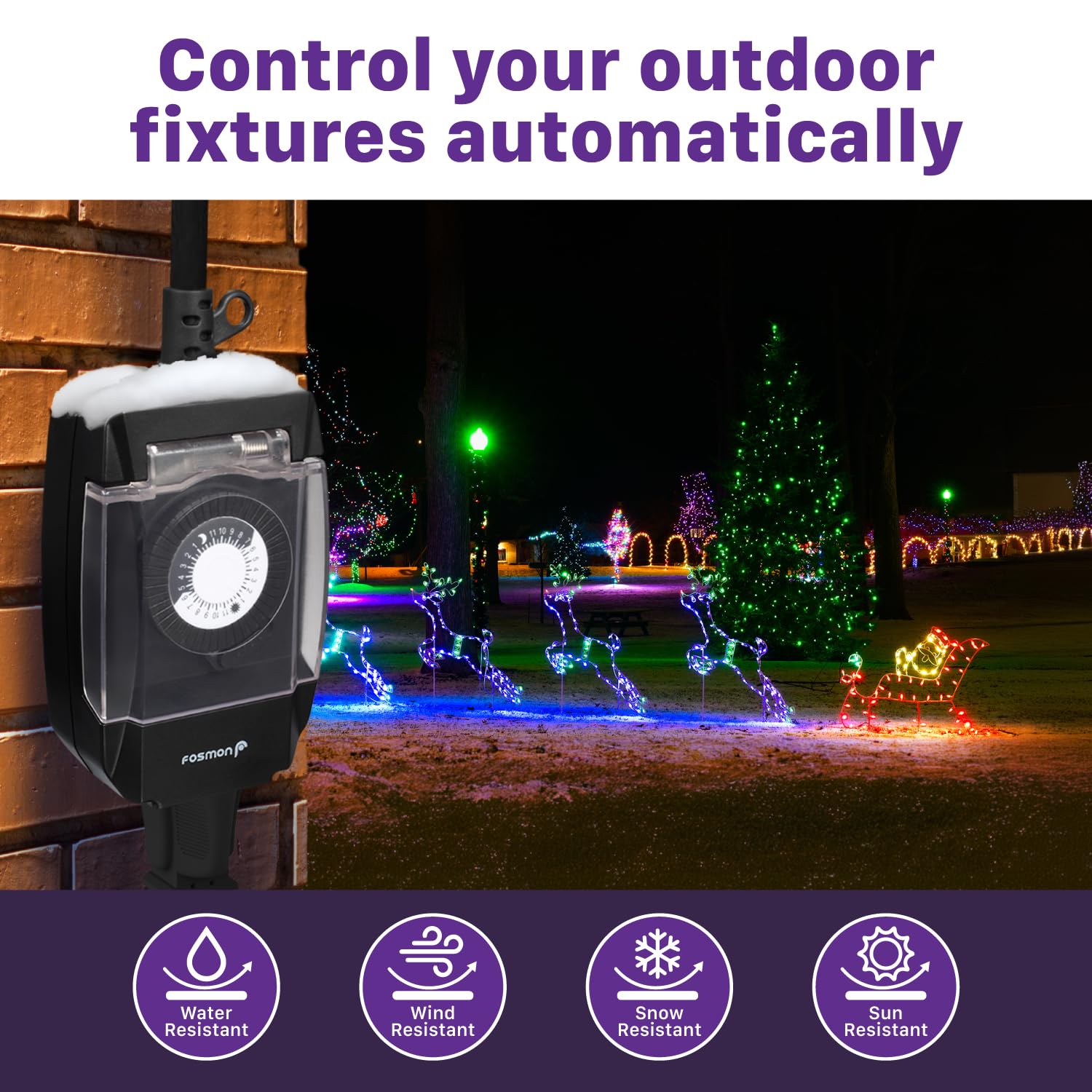 Fosmon Outdoor Light Timer Outlet - Waterproof 24-Hour Mechanical Pool Pump Timer, Heavy Duty 15A 1/2HP, 3-Prong Grounded Plug for Outdoor Lighting, Pools & Garden Equipment | Weatherproof & Durable for Patio, Backyard & Landscape Use
