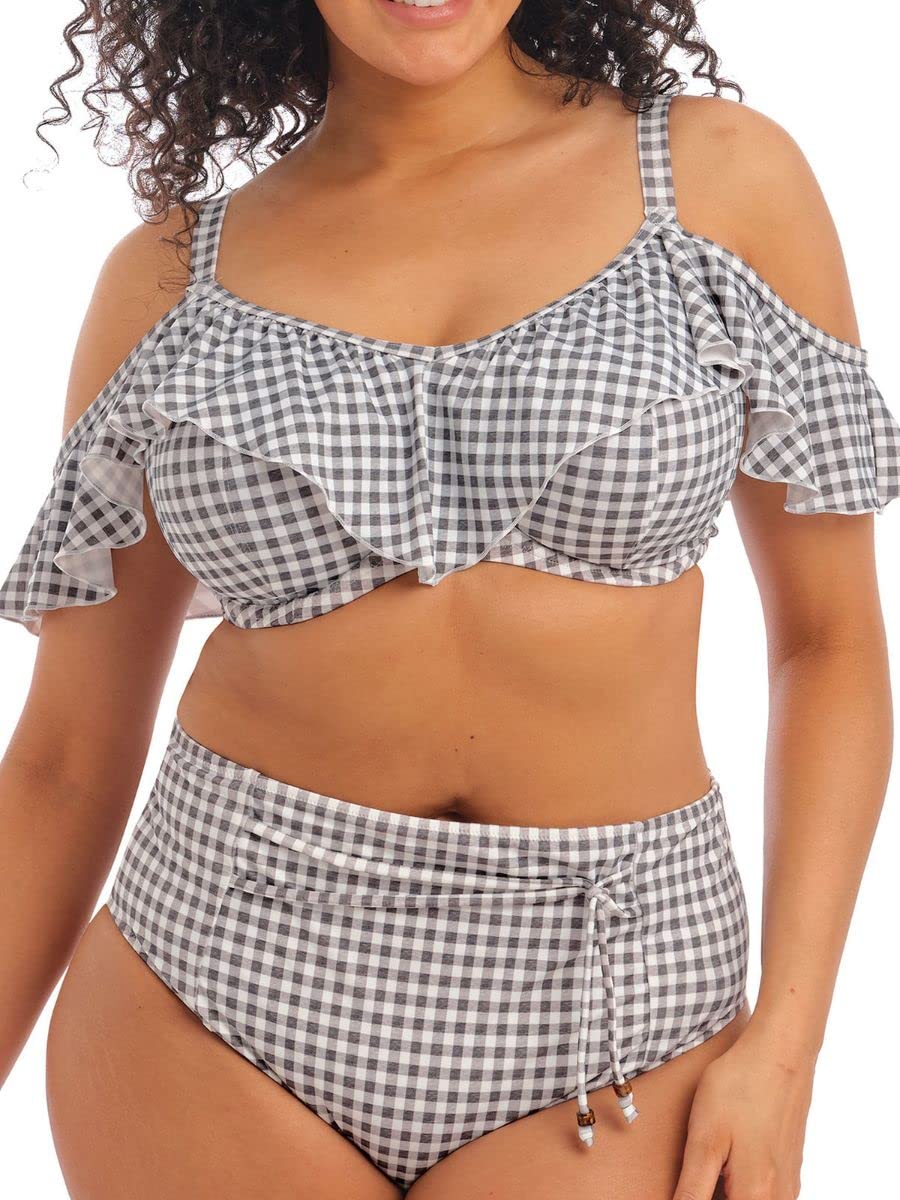 Elomi Checkmate Bardot Ruffle Underwire Bikini Top (ES800306) - Supportive Swimwear for Women, Plus Size Bikini Top with Adjustable Straps - Perfect for Beach Vacations, Pool Parties & Summer Getaways