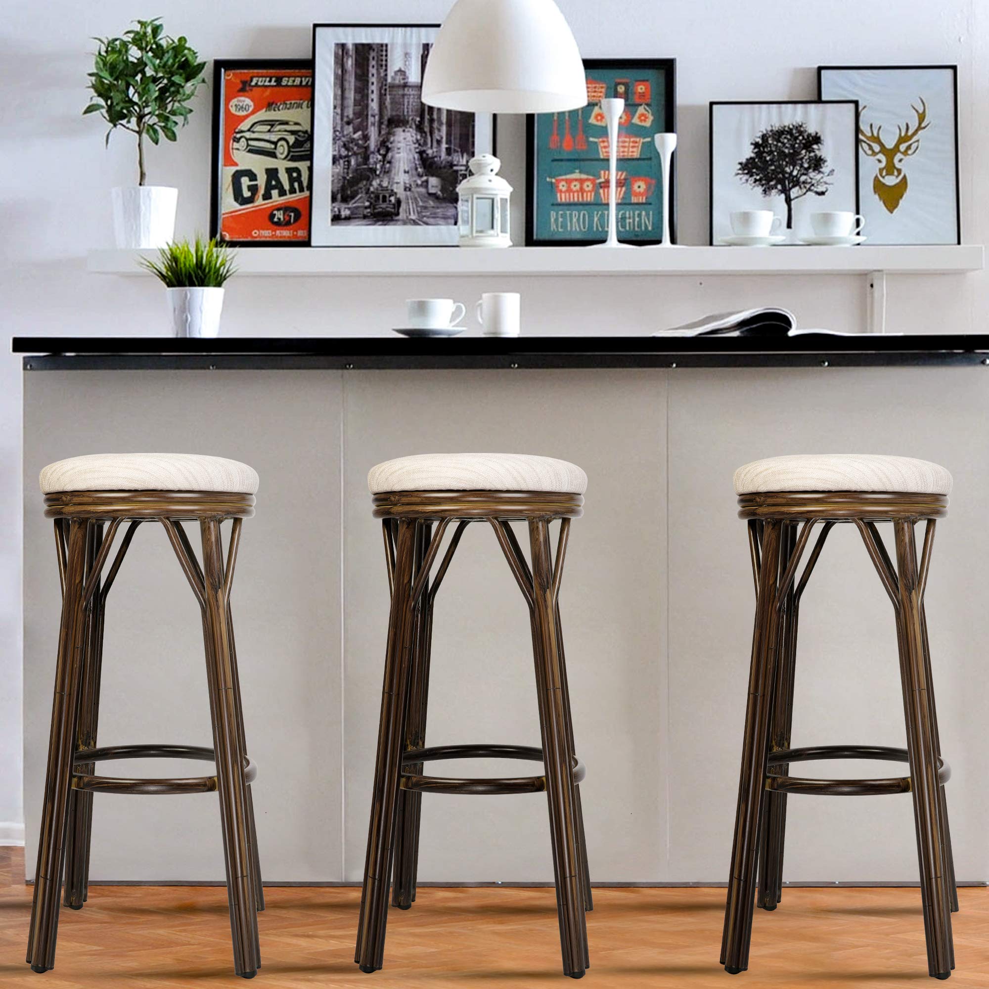 30'' Bar Stools Set of 2 - Aluminum Bar Stools with Round PU Leather Seat - Adjustable Height Counter Stools for Kitchen, Dining Room, Pub & Bistro - Indoor/Outdoor Use in White & Brown - Perfect for Home, Cafe & Patio Decor