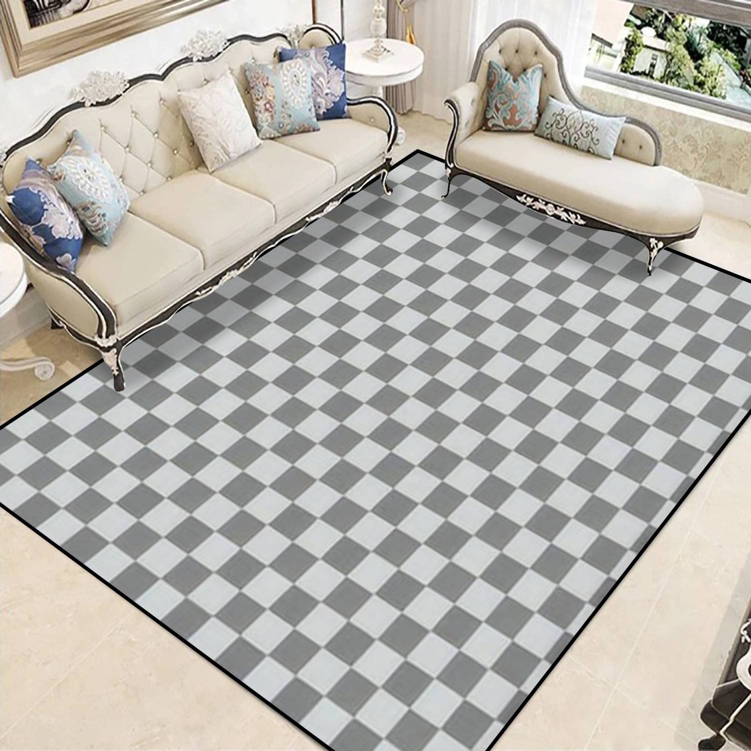 Non-Slip Checkerboard Area Rug - Grey & Light Grey Soft Carpet for Living Room, Bedroom, Yoga | Indoor Outdoor Floor Mat & Runner for Home Decor