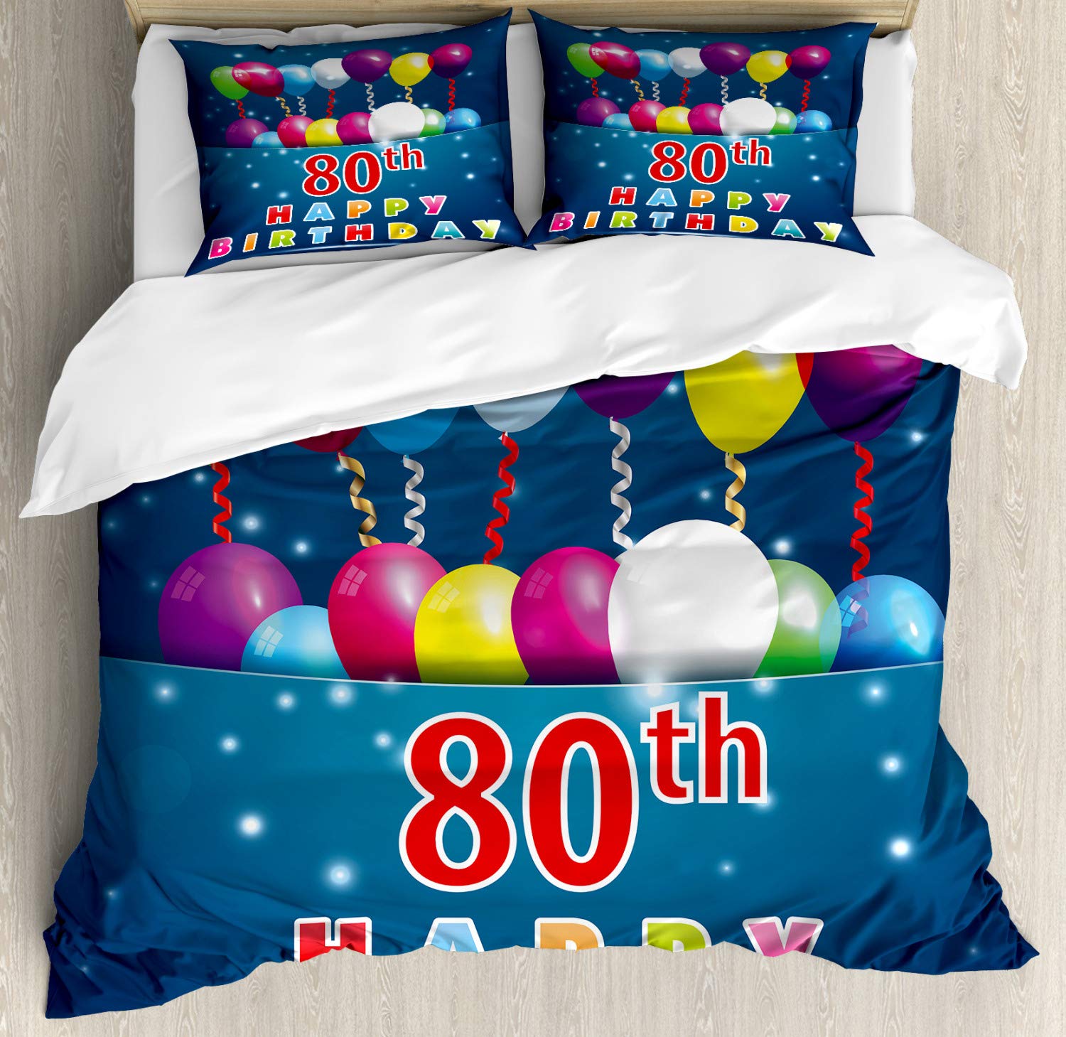 Ambesonne 80th Birthday Duvet Cover Set - Happy Birthday Words with Colorful Balloons on Blue Background, 3-Piece Bedding Set with 2 Pillow Shams, California King Size, Vibrant Multicolor - Perfect for Birthday Party Decorations & Gift Ideas