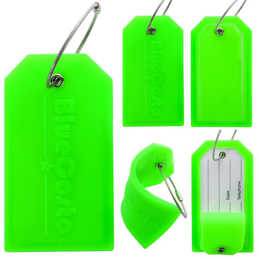 Durable PVC Luggage Tags with Privacy Cover & Stainless Steel Loops - 5 Pack Large Green Suitcase Tags - Personalized Travel Baggage Identifiers for Suitcases, Backpacks & Carry-Ons - Perfect for Airports, Hotels & Group Travel