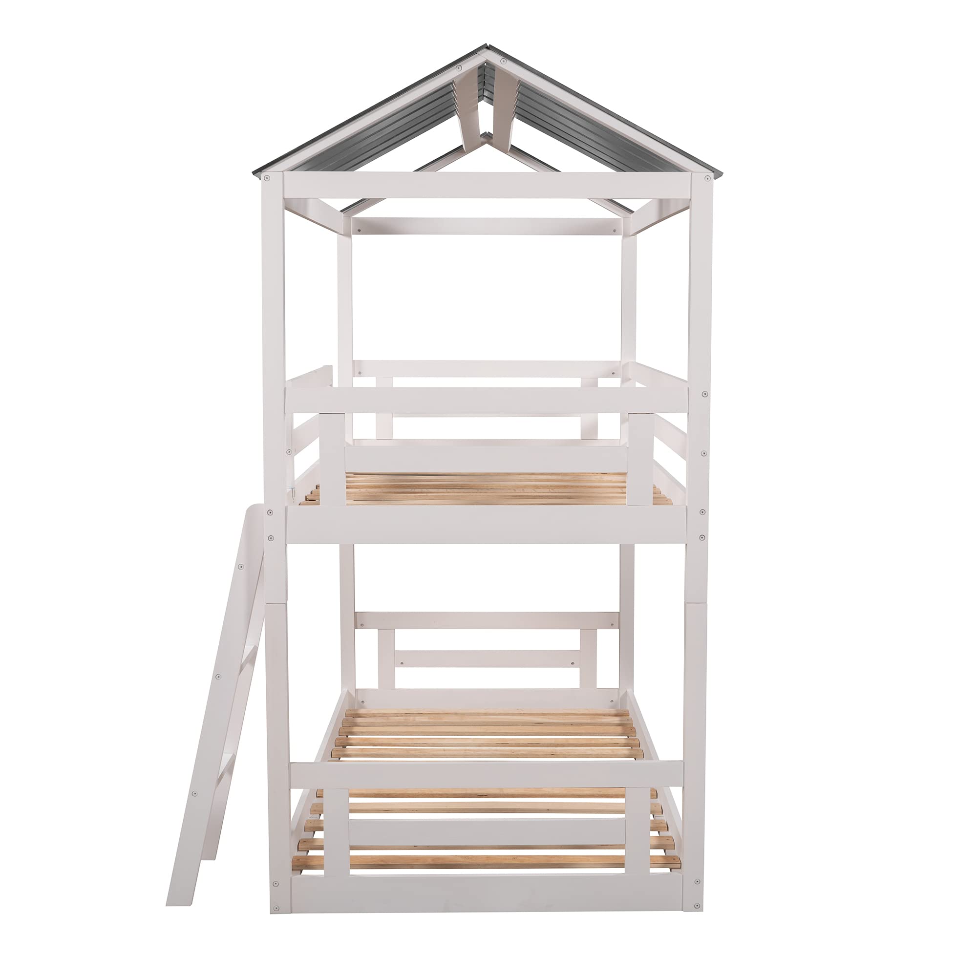 LZ LEISURE ZONE Twin Over Twin Bunk Bed - Solid Wood House Style Bed Frame with Convertible Ladder, Safety Roof & Guardrail - Space Saving Kids Bedroom Furniture (White & Grey) | Perfect for Small Rooms, Shared Kids Bedrooms & Vacation Homes