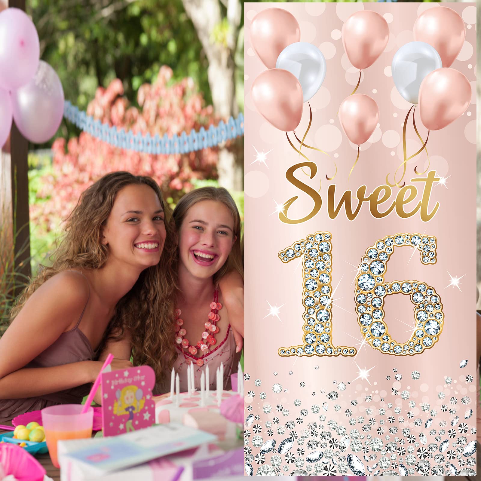 Sweet 16 Birthday Decorations for Girls - Pink Rose Gold Happy 16th Birthday Party Banner & Photo Booth Backdrop - Indoor/Outdoor Door Cover Supplies for Sweet Sixteen Celebrations, Photo Shoots & Birthday Parties