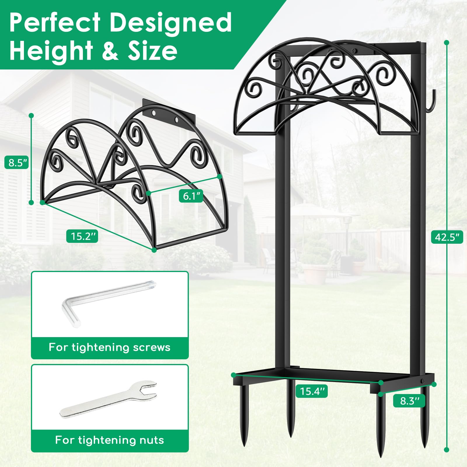 Heavy Duty Freestanding Garden Hose Holder with 4 Spikes & 2 Tool Hooks - Sturdy Outdoor Water Hose Storage Stand for 160 FT Hose - Perfect for Yard, Lawn, Garden Watering & Tool Organization (Black)