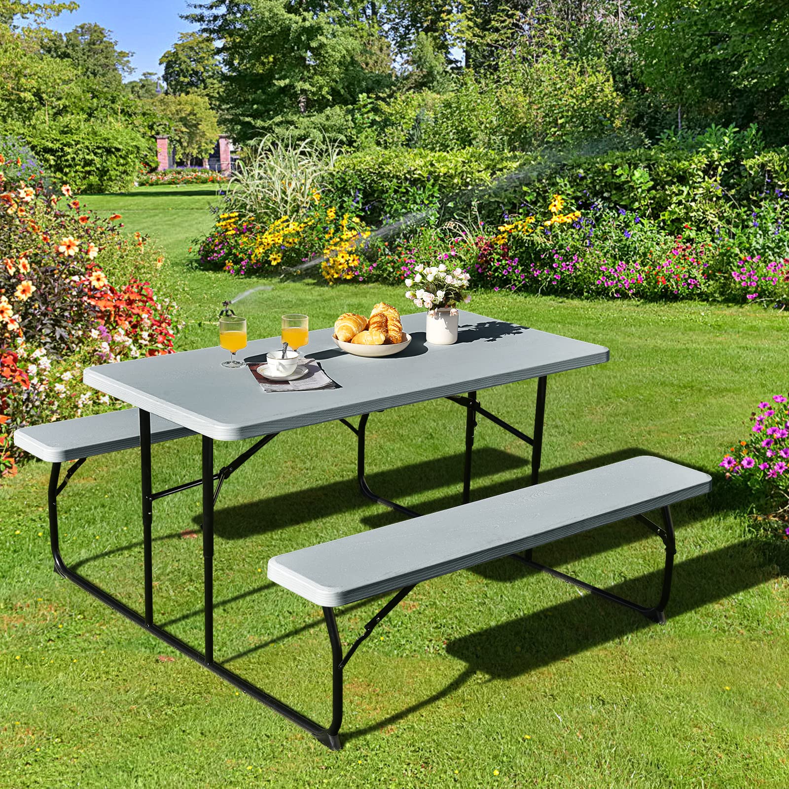 Giantex Folding Picnic Table with Benches - Outdoor Dining Set for Camping, Patio, Lawn, Garden & Poolside - Portable Weather-Resistant Metal Frame (Gray) - Perfect for BBQs, Picnics & Outdoor Gatherings
