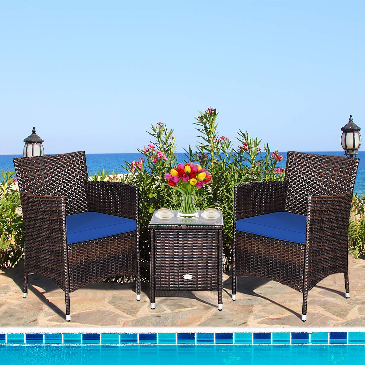 RELAX4LIFE 3-Piece Outdoor Patio Furniture Set with Removable Cushions - Rattan Wicker Conversation Set with Square Coffee Table - Navy Blue Bistro Set for Garden, Balcony, Poolside & Backyard Relaxation