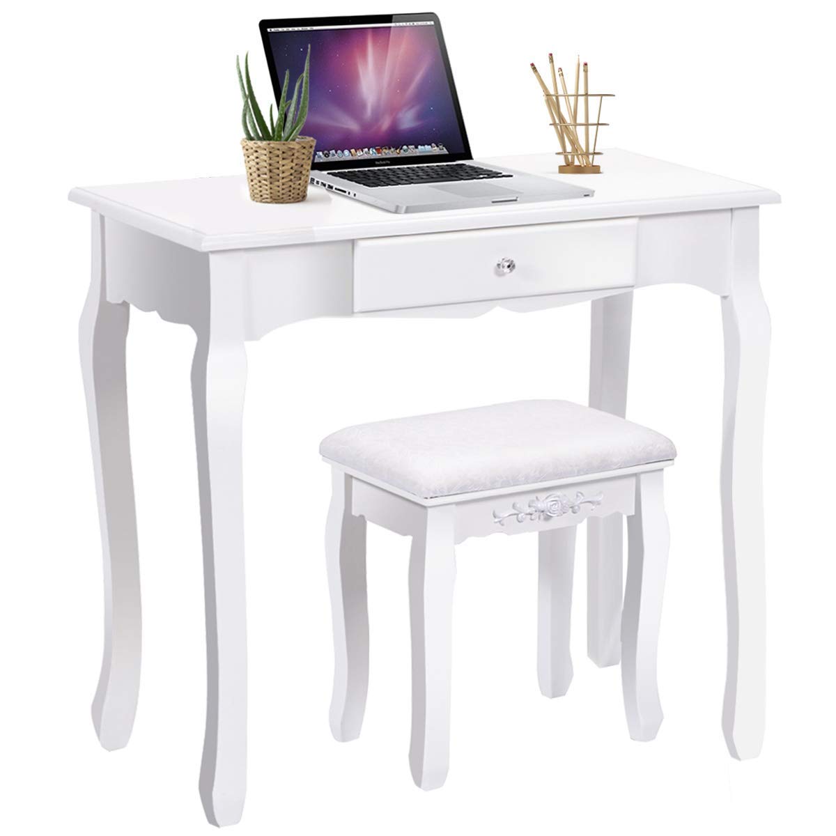 360° Rotating Vanity Table Set with Oval Mirror, 3 Storage Drawers & Padded Stool - White Makeup Dressing Table for Bedroom | Perfect for Makeup Organization, Beauty Routine & Small Space Decor