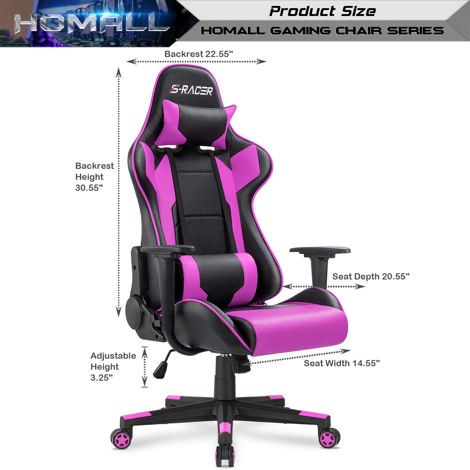 Homall Ergonomic Gaming Chair - High Back Office Chair with Adjustable Headrest & Lumbar Support, Leather Computer Desk Chair for Racing, Executive & Home Use - Perfect for Gaming, Work & Study (Violet)