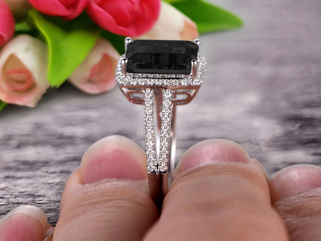 1.50 Carat Emerald Cut Black Diamond Moissanite Engagement Ring - 10k White Gold Wedding Band for Women - Perfect for Proposals, Anniversaries & Bridal Jewelry