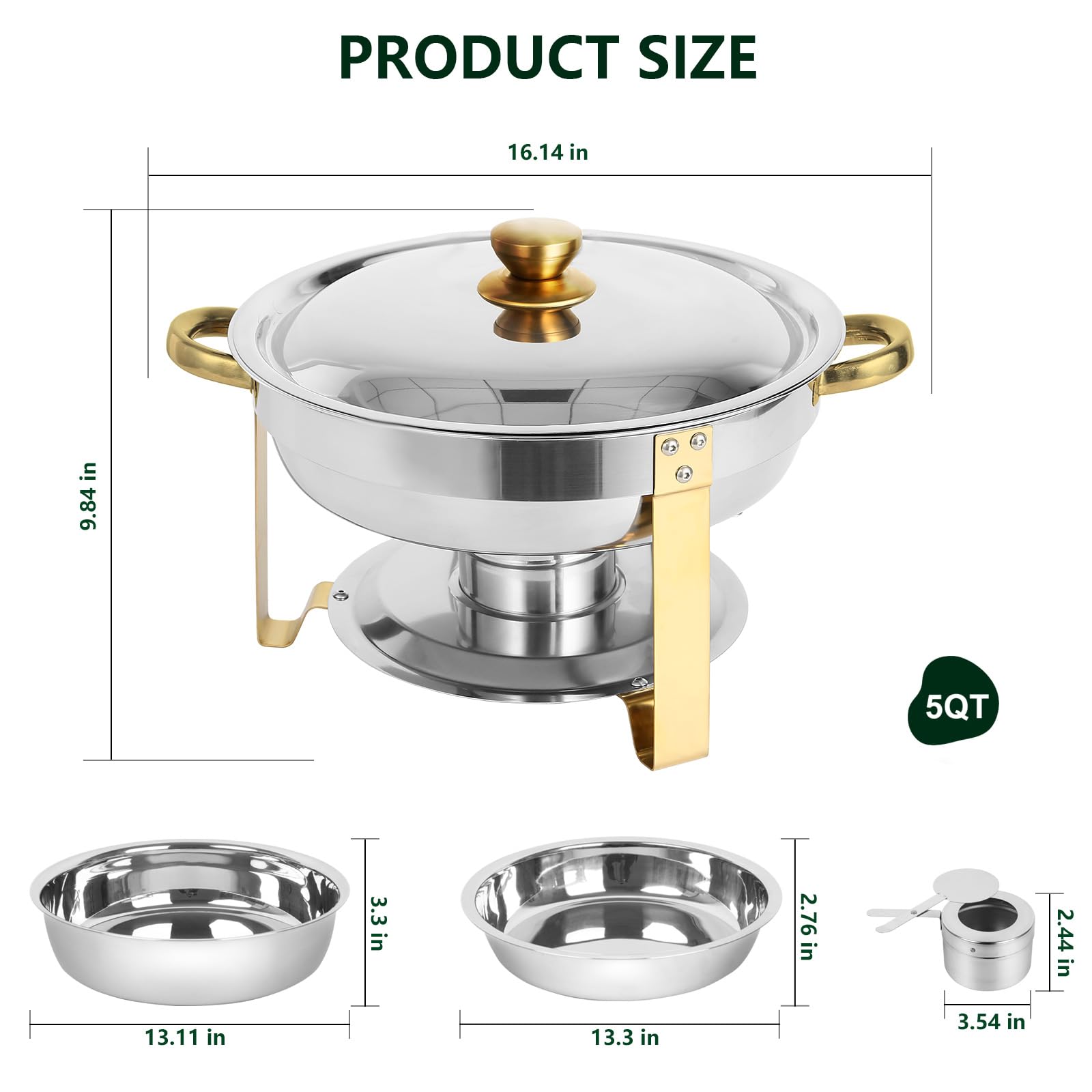 2-Pack 5QT Stainless Steel Chafing Dish Buffet Set with Food & Water Pan, Gold Frame & Fuel Holder - Perfect for Catering, Party, Wedding, Holiday Buffets & Events